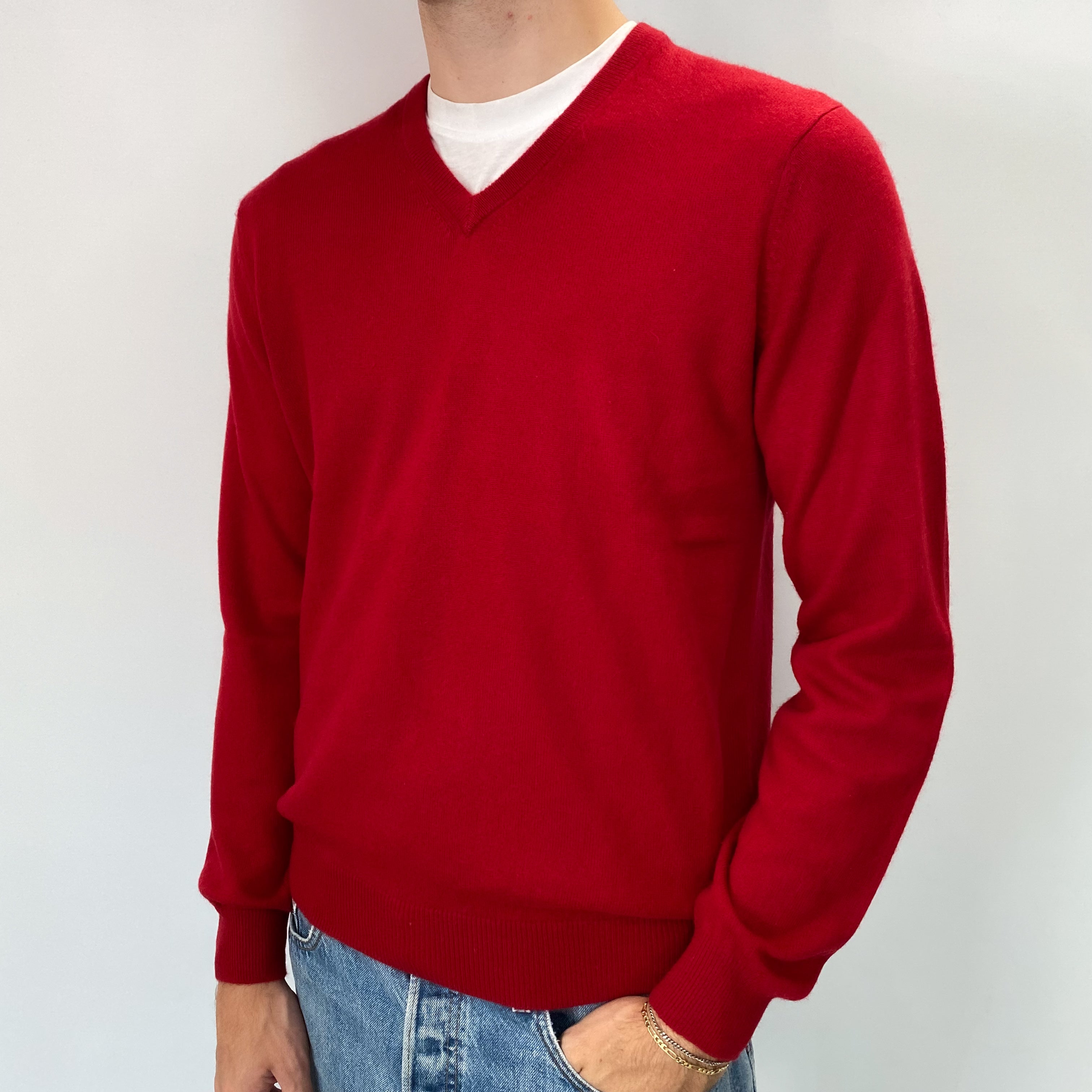 Men's Post Box Red Cashmere V Neck Jumper Medium
