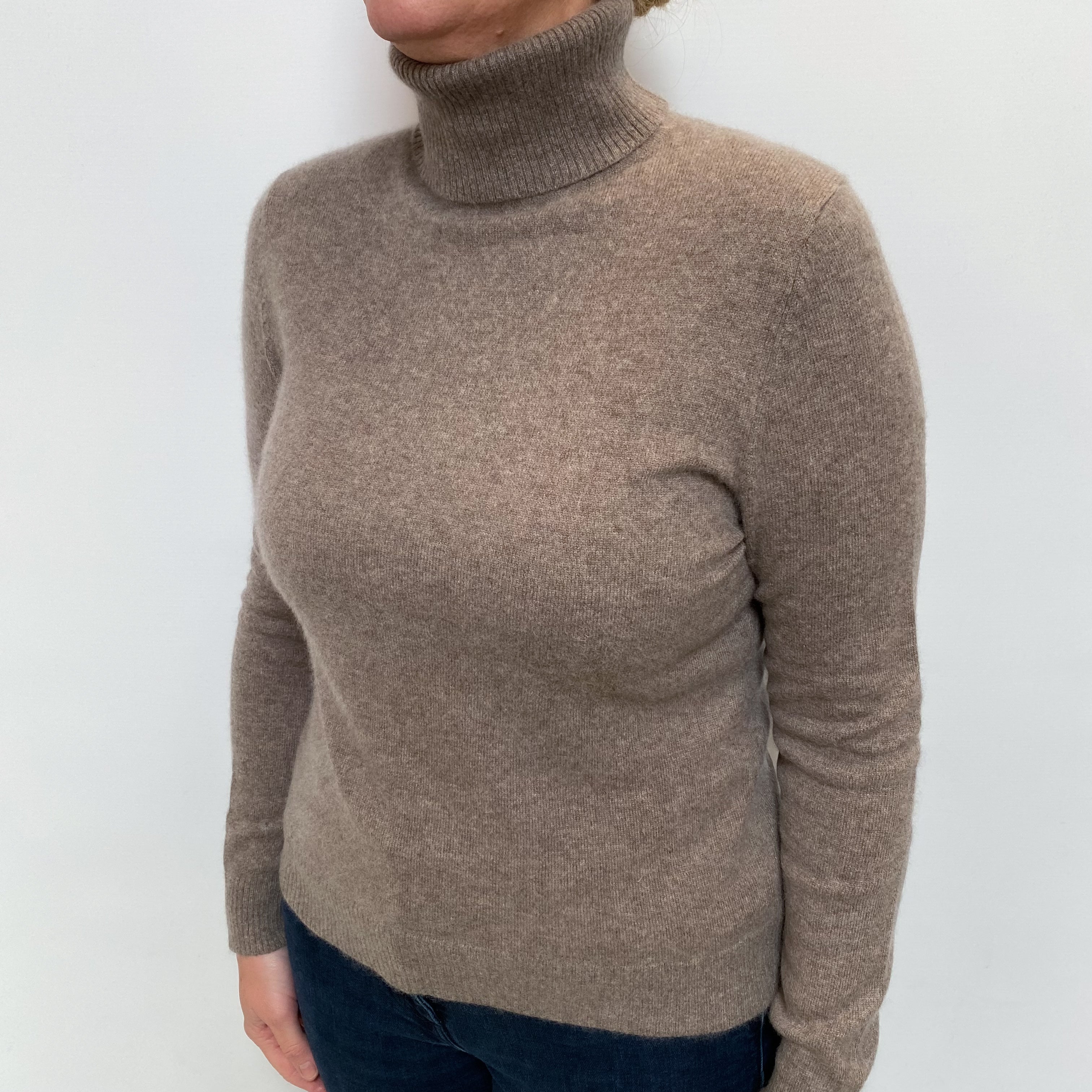Mocha Brown Cashmere Polo Neck Jumper Large