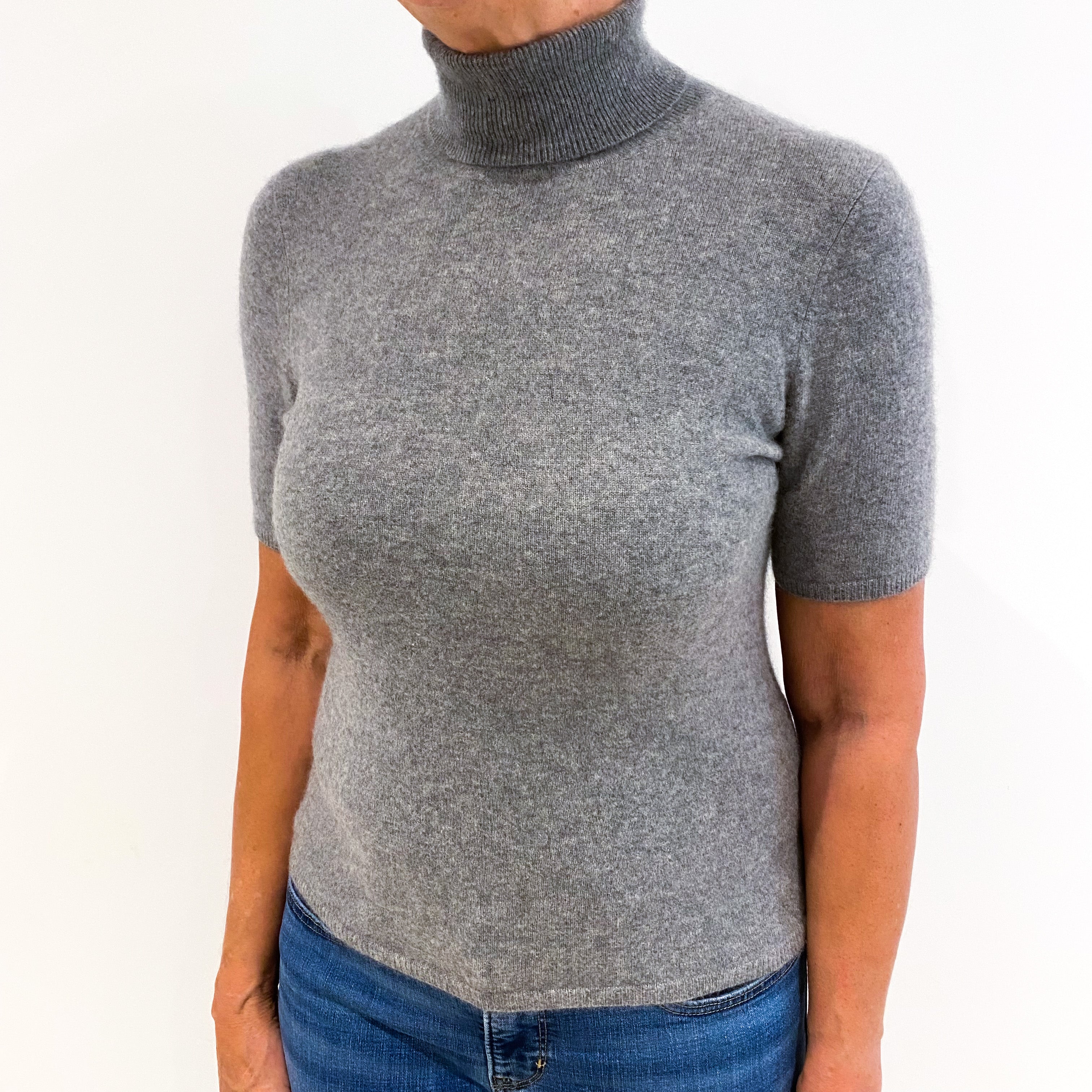 Smoke Grey Short Sleeved Cashmere Polo Neck Jumper Medium