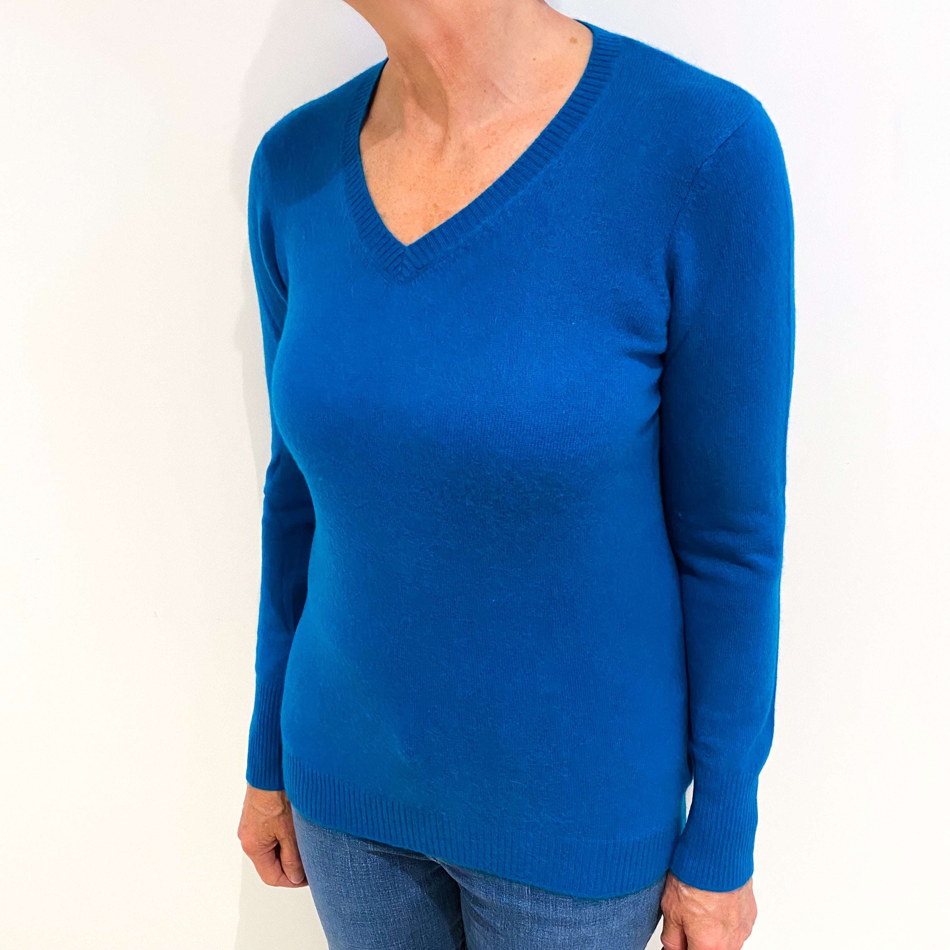 Teal Blue Cashmere V Neck Jumper Medium