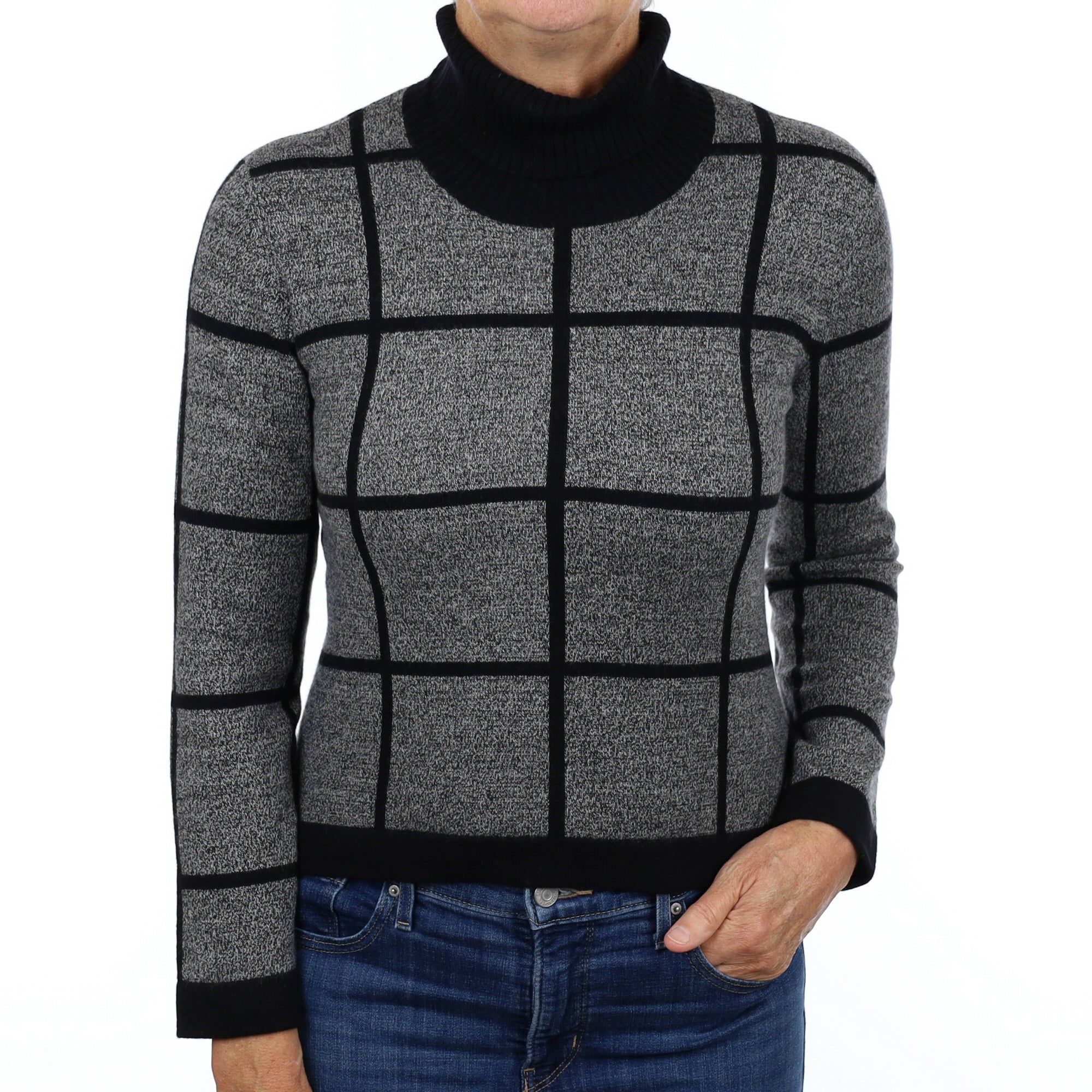 Black Marl Check Cashmere Polo Neck Jumper Medium