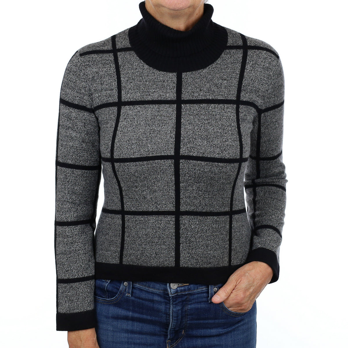 Black Marl Check Cashmere Polo Neck Jumper Medium