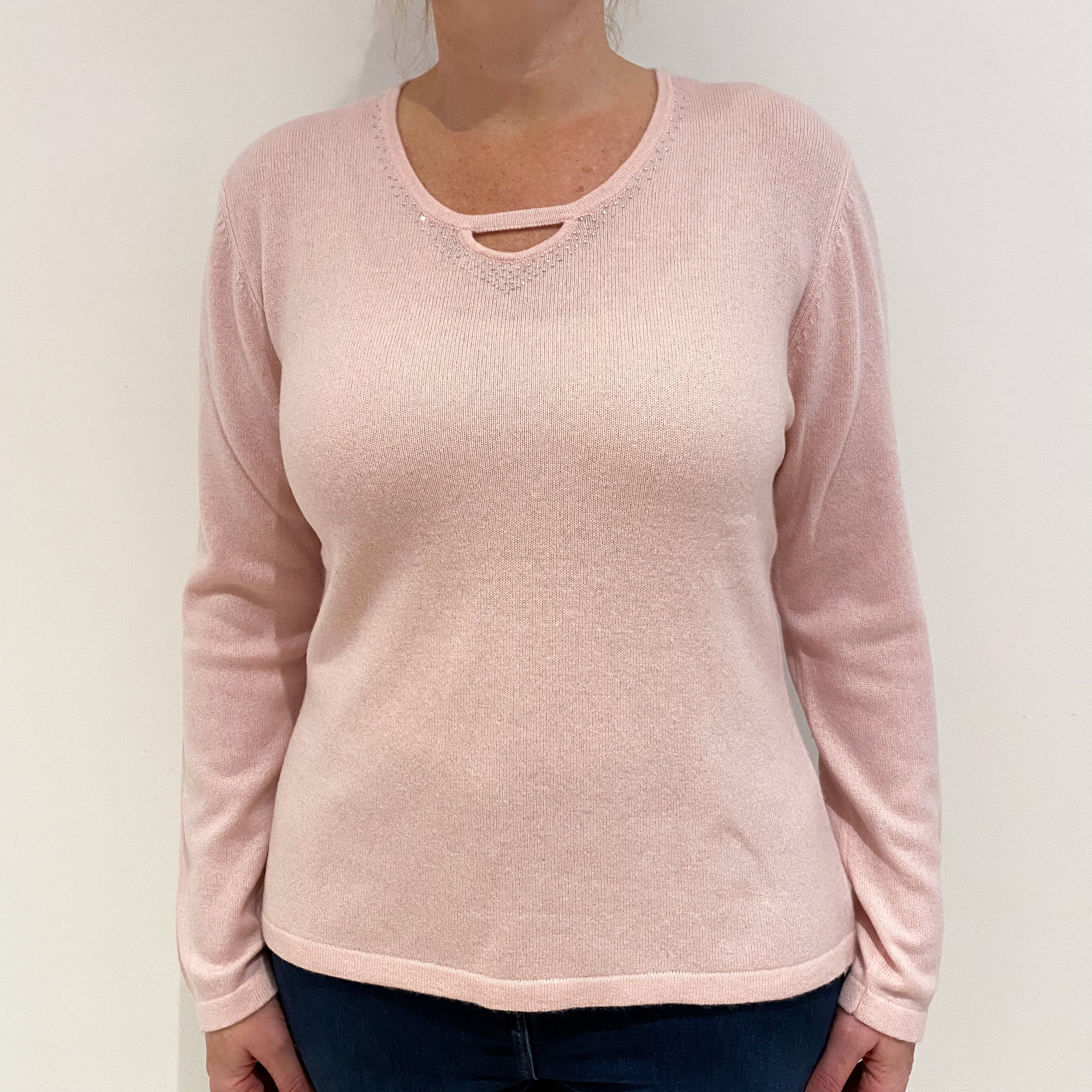 Shell Pink Keyhole Cashmere Crew Neck Jumper Large