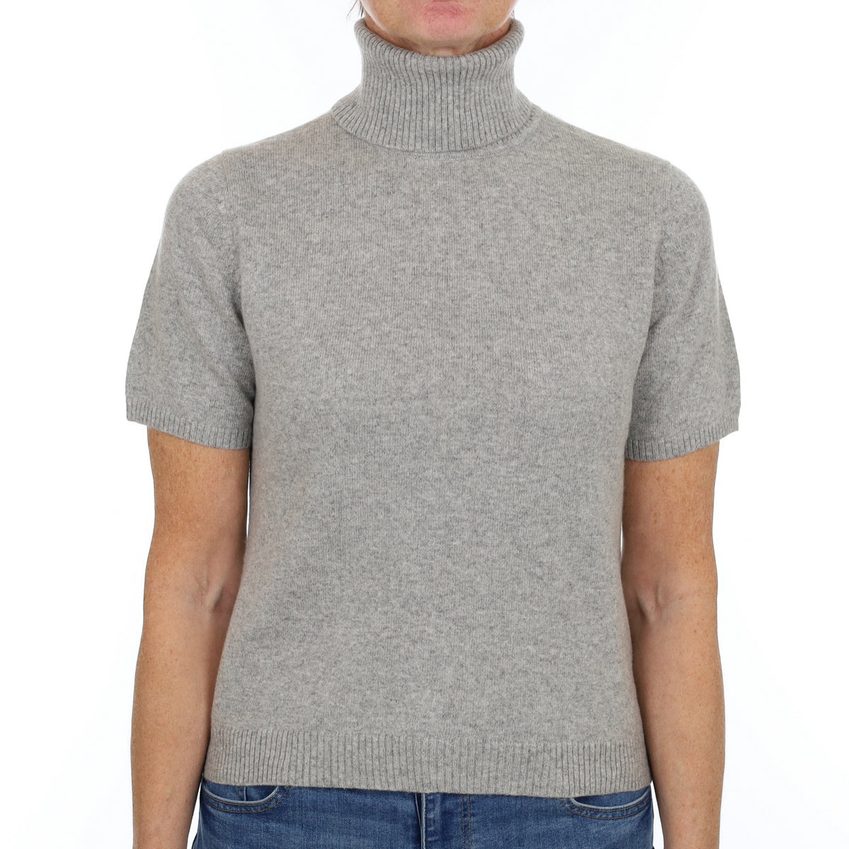 Smoke Grey Cashmere Polo Neck Short Sleeved Jumper Small