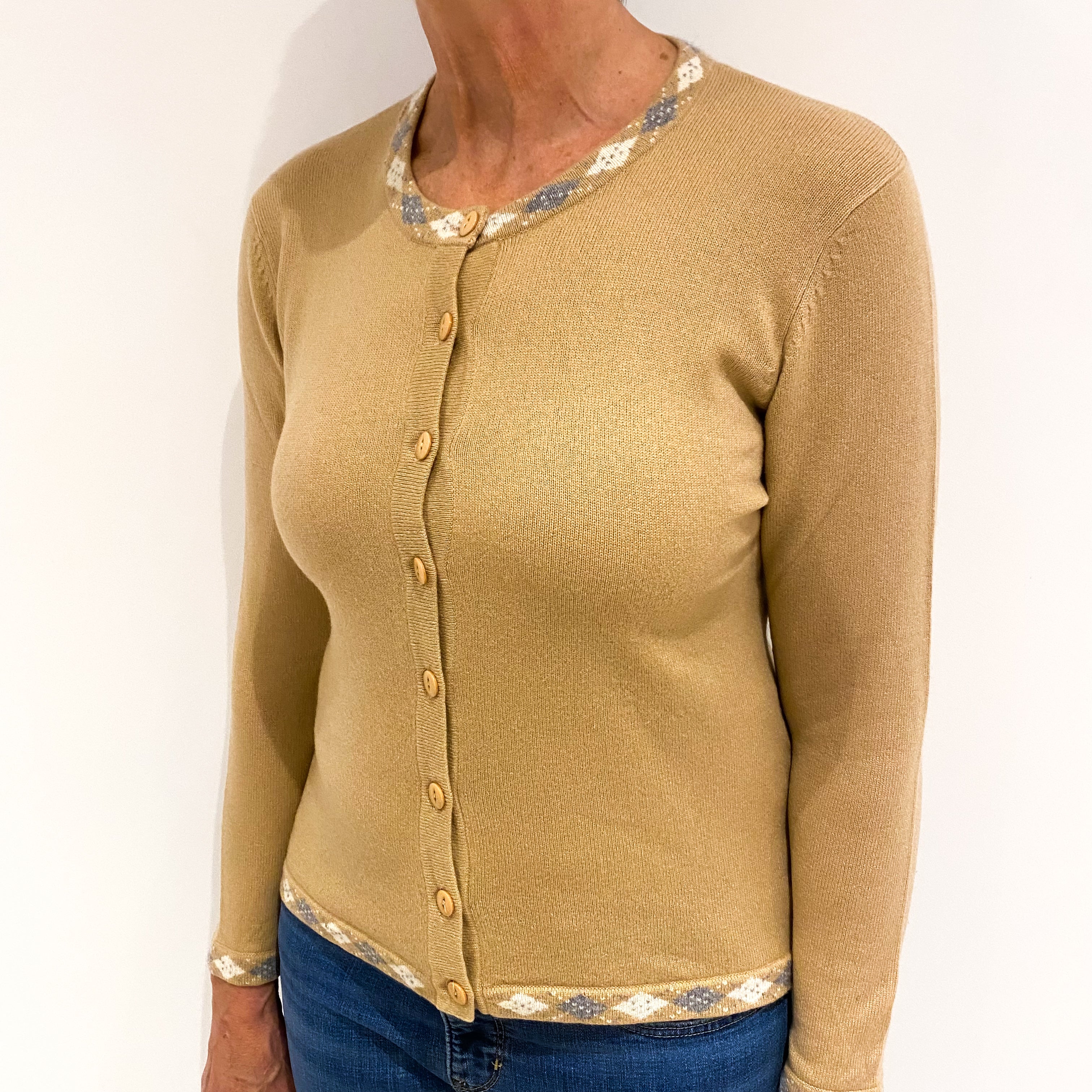 Camel Brown Diamond Trim Cashmere Crew Neck Cardigan Medium