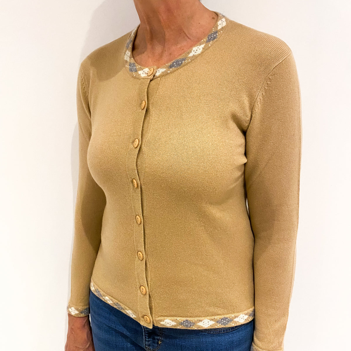 Camel Brown Diamond Trim Cashmere Crew Neck Cardigan Medium