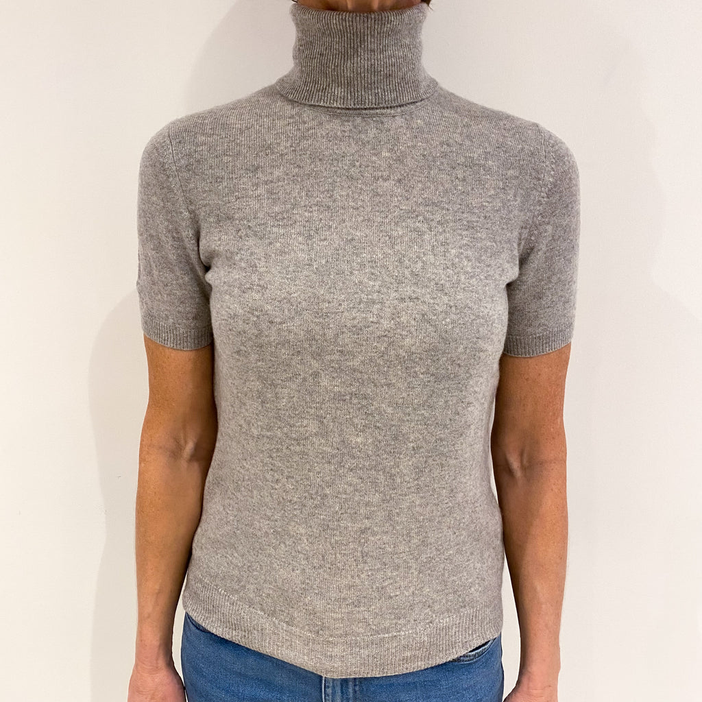 Smoke Grey Cashmere Short Sleeved Polo Neck Jumper Small