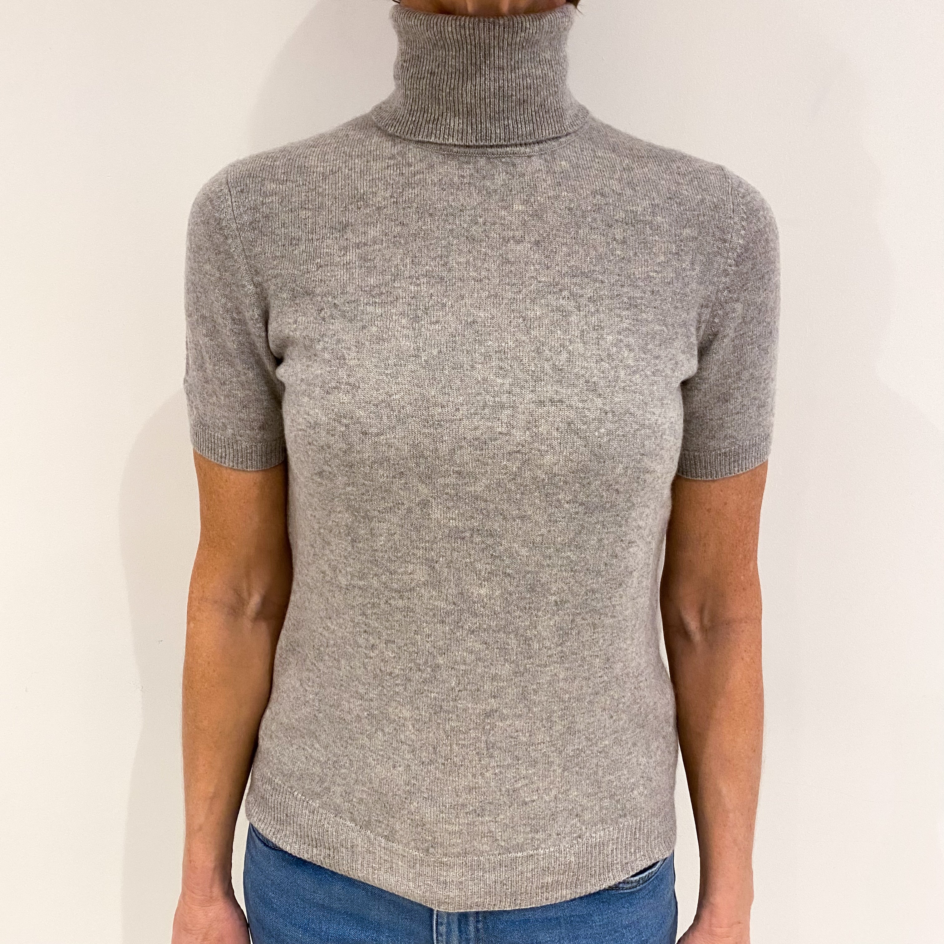 Smoke Grey Cashmere Short Sleeved Polo Neck Jumper Small
