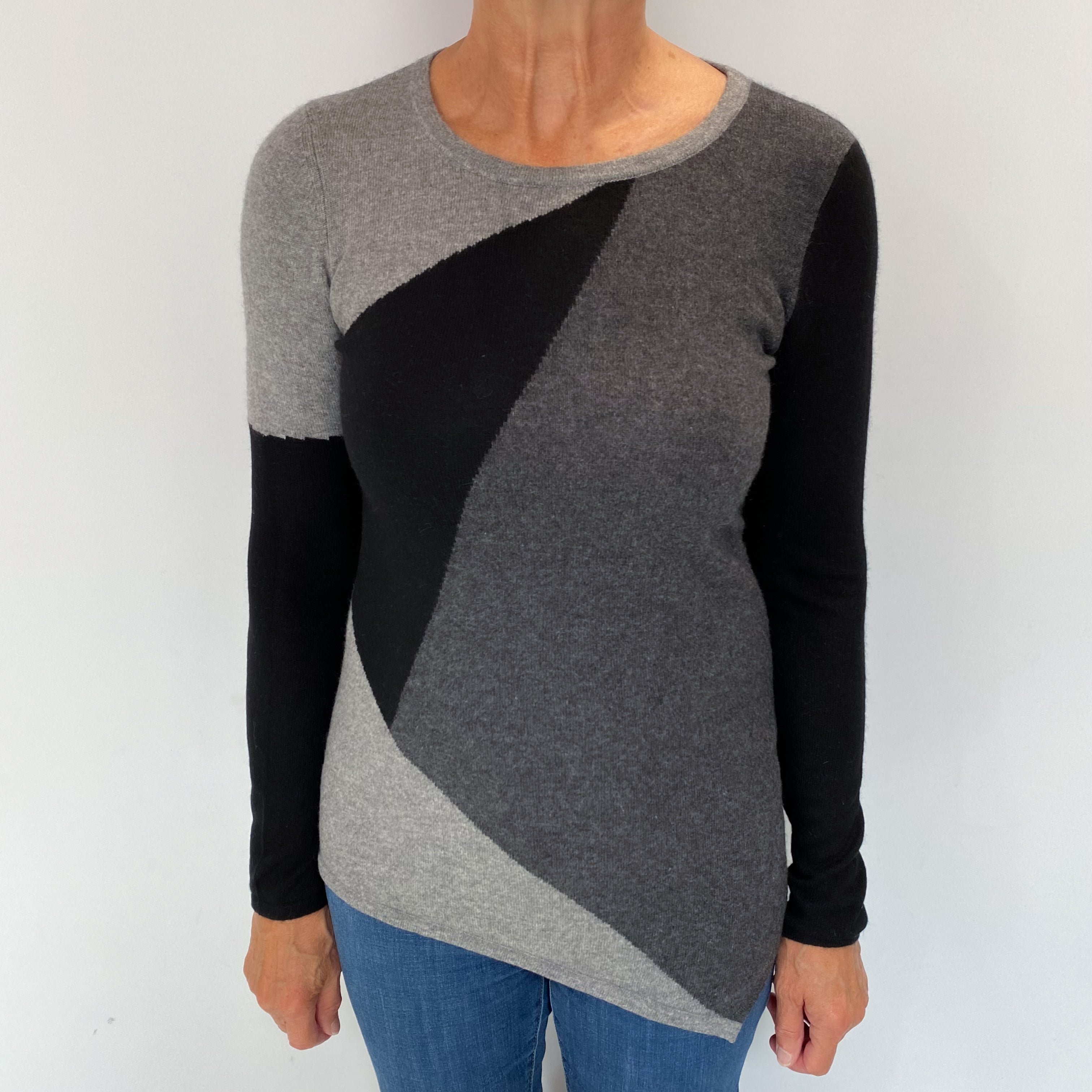 Black And Grey Colour Block Cashmere Crew Neck Jumper Medium