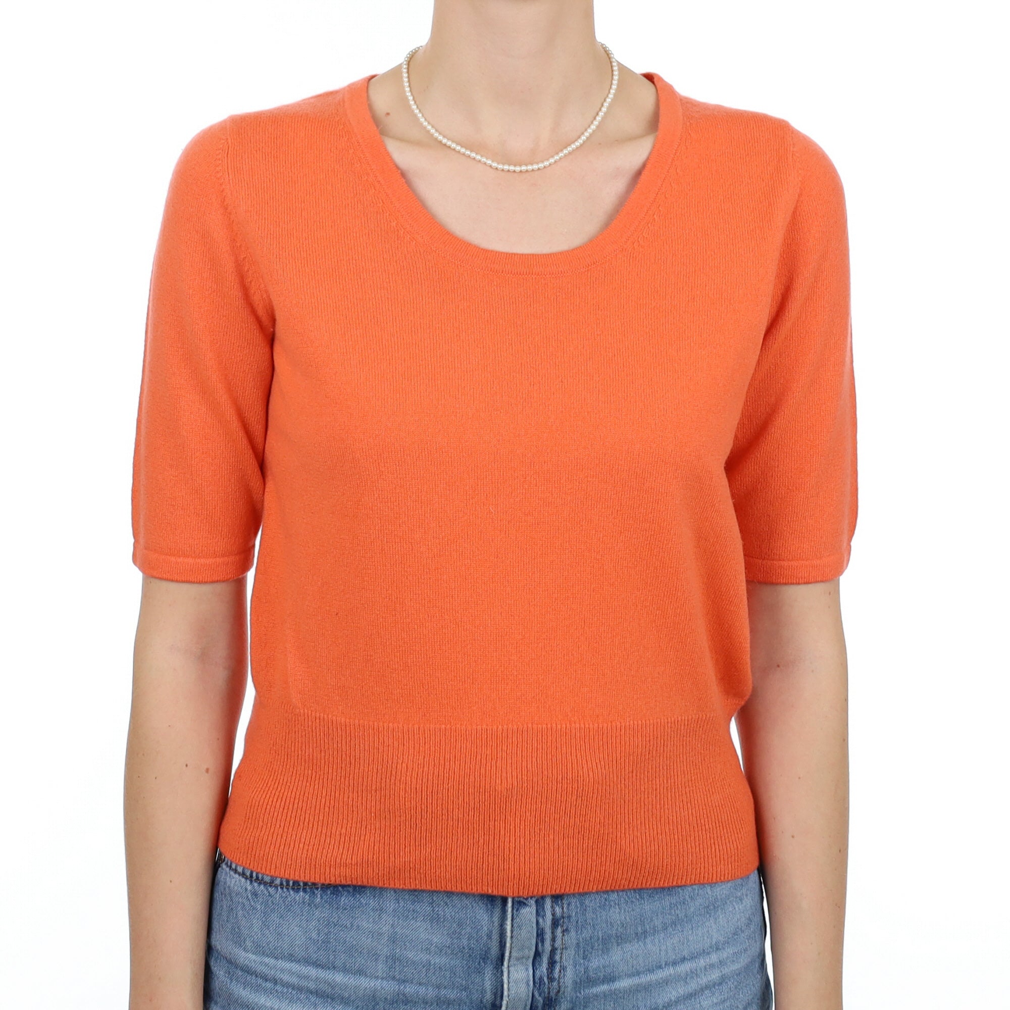 Tangerine Orange Cashmere Short Sleeve Scoop Neck Jumper Small