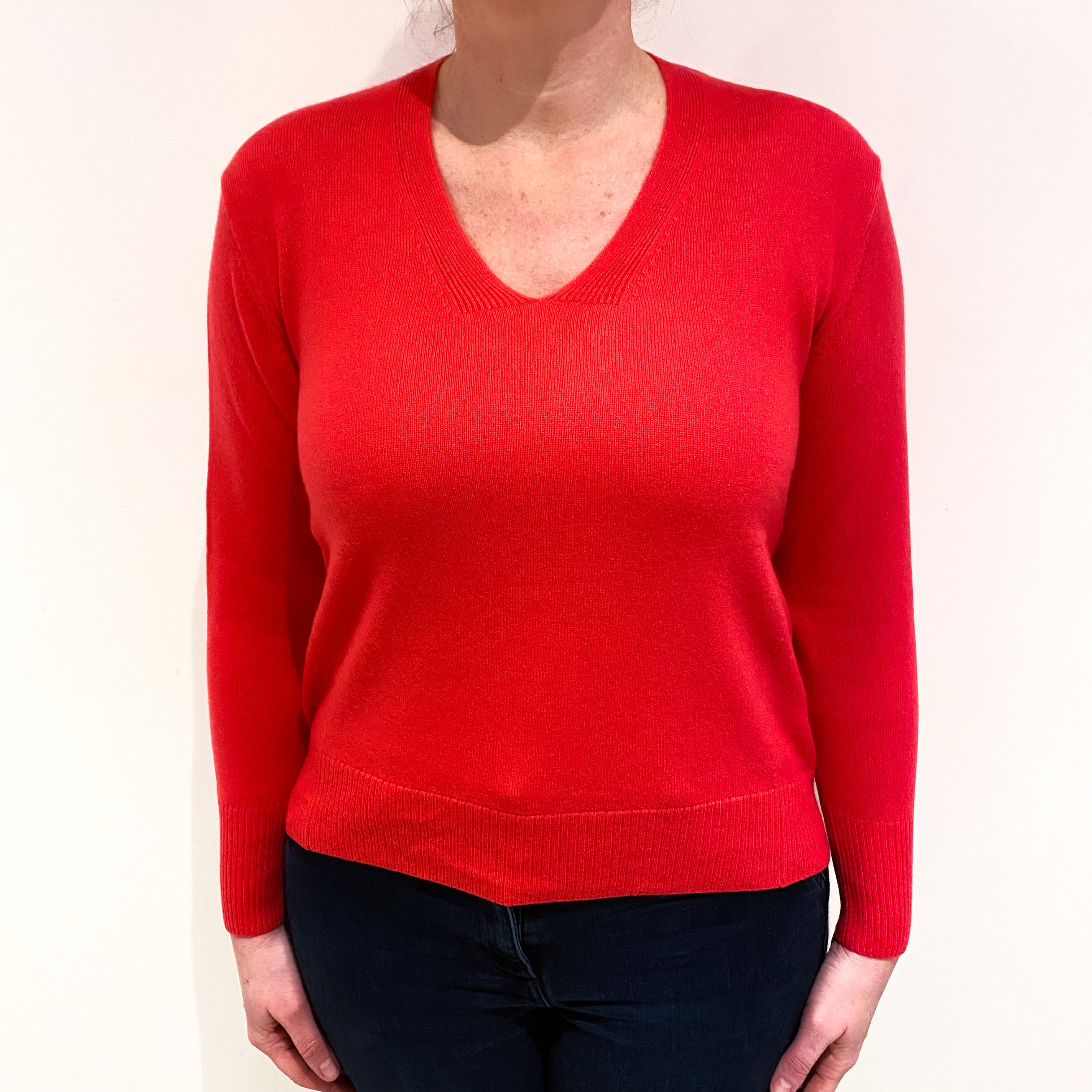 Bright Cranberry Pink Cashmere V Neck Jumper Large