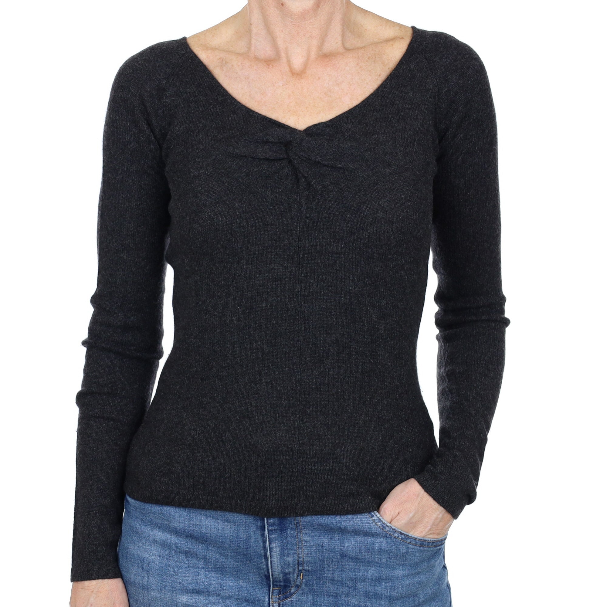 Charcoal Grey Cashmere Knot Front V Neck Jumper Small