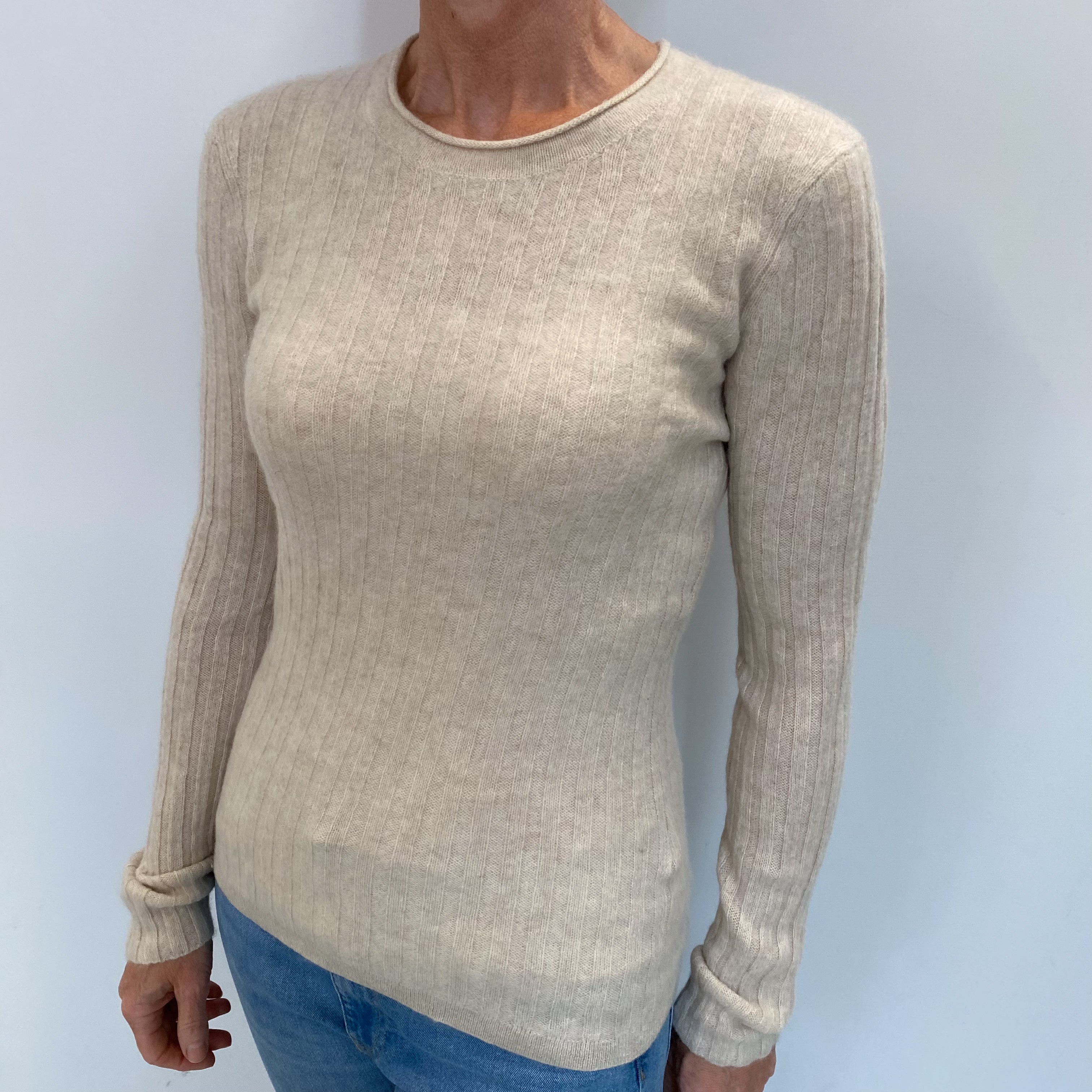 Oatmeal Beige Cashmere Crew Neck Jumper Small