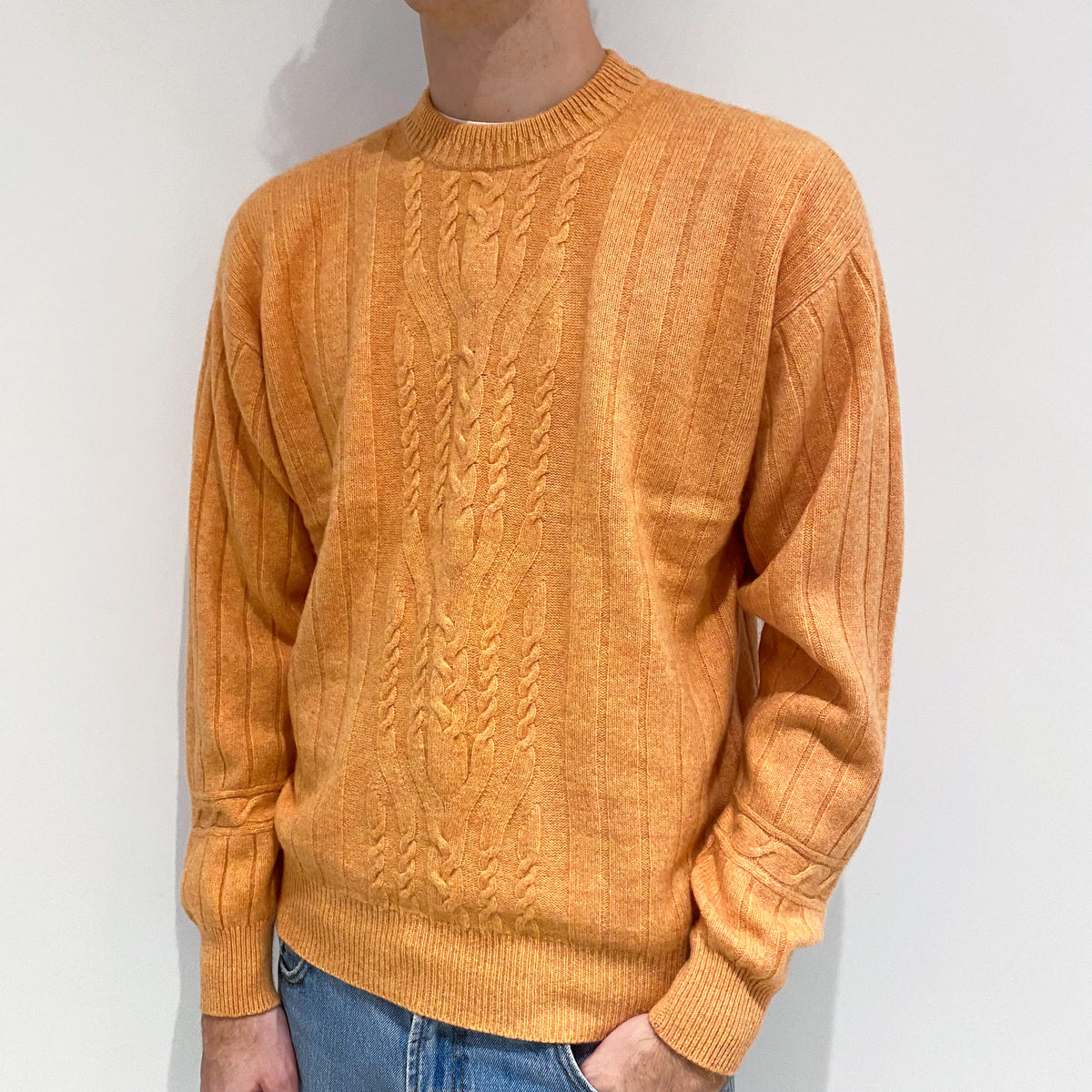 Men's Apricot Orange Cable Cashmere Crew Neck Jumper Large