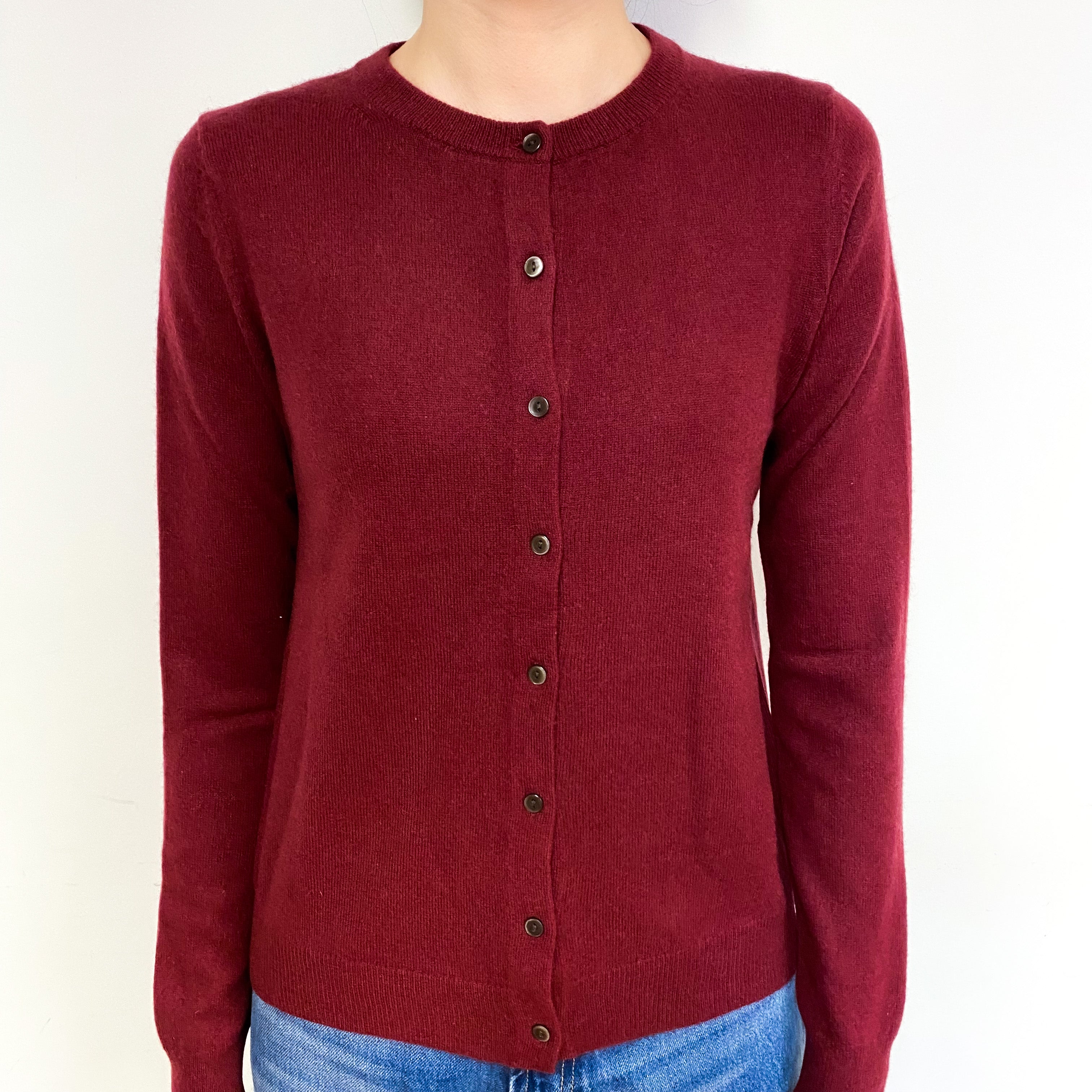Burgundy Red Cashmere Crew Neck Cardigan Extra Small