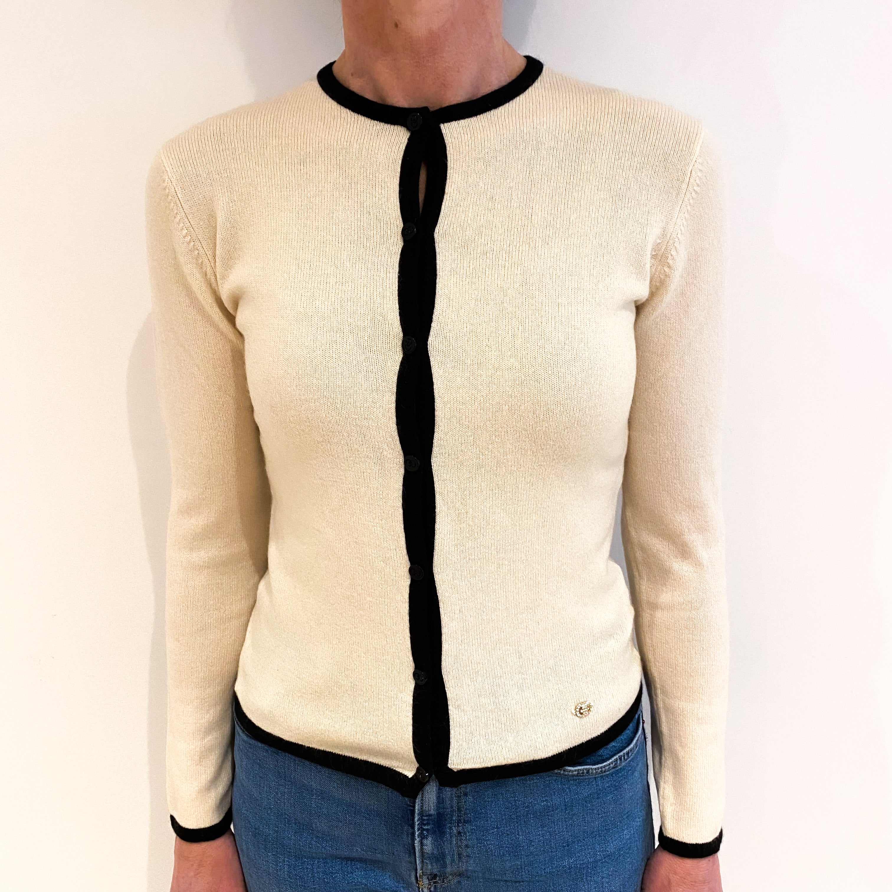 Ivory Cream With Black Trim Cashmere Crew Neck Cardigan Small