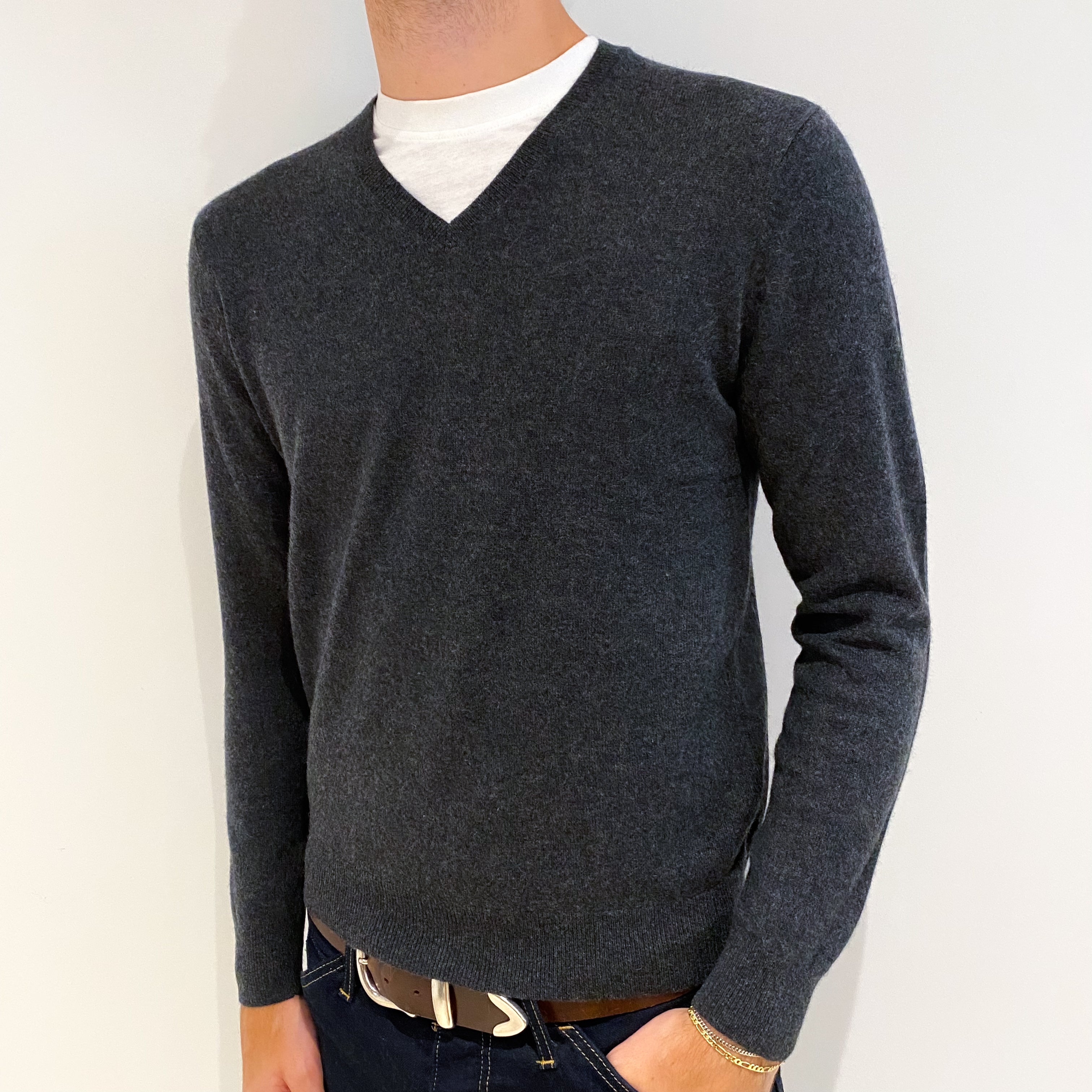 Men's Dark Slate Grey Cashmere V-Neck Jumper Medium
