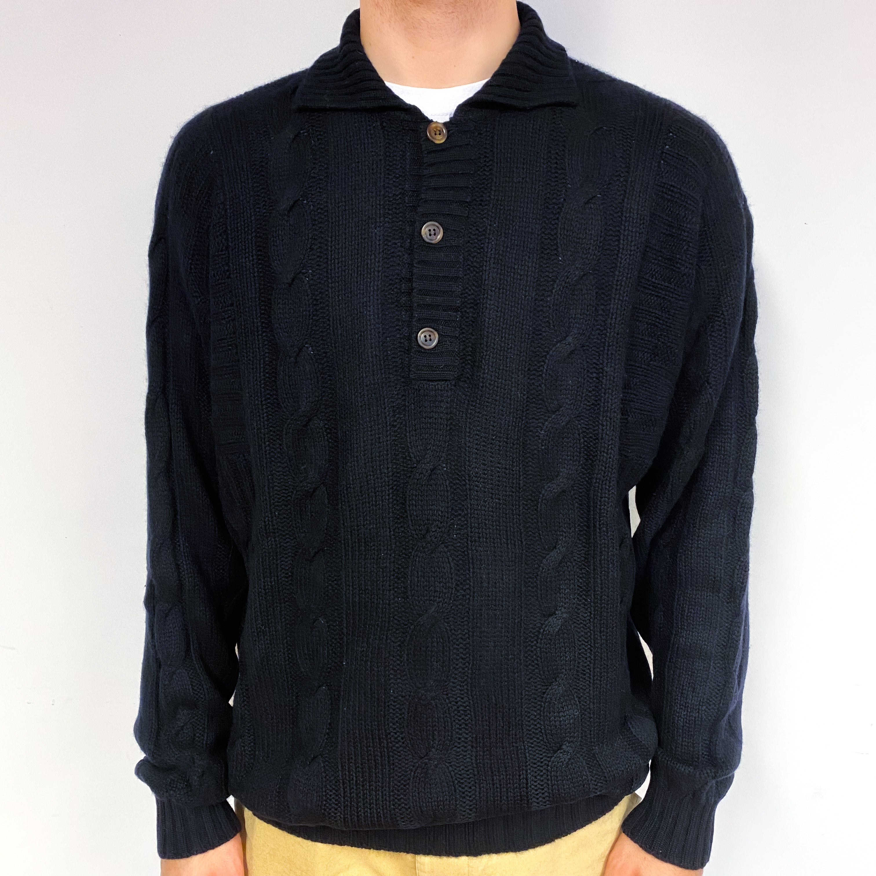 Men's Dark Navy Blue Cashmere Collared Jumper Large