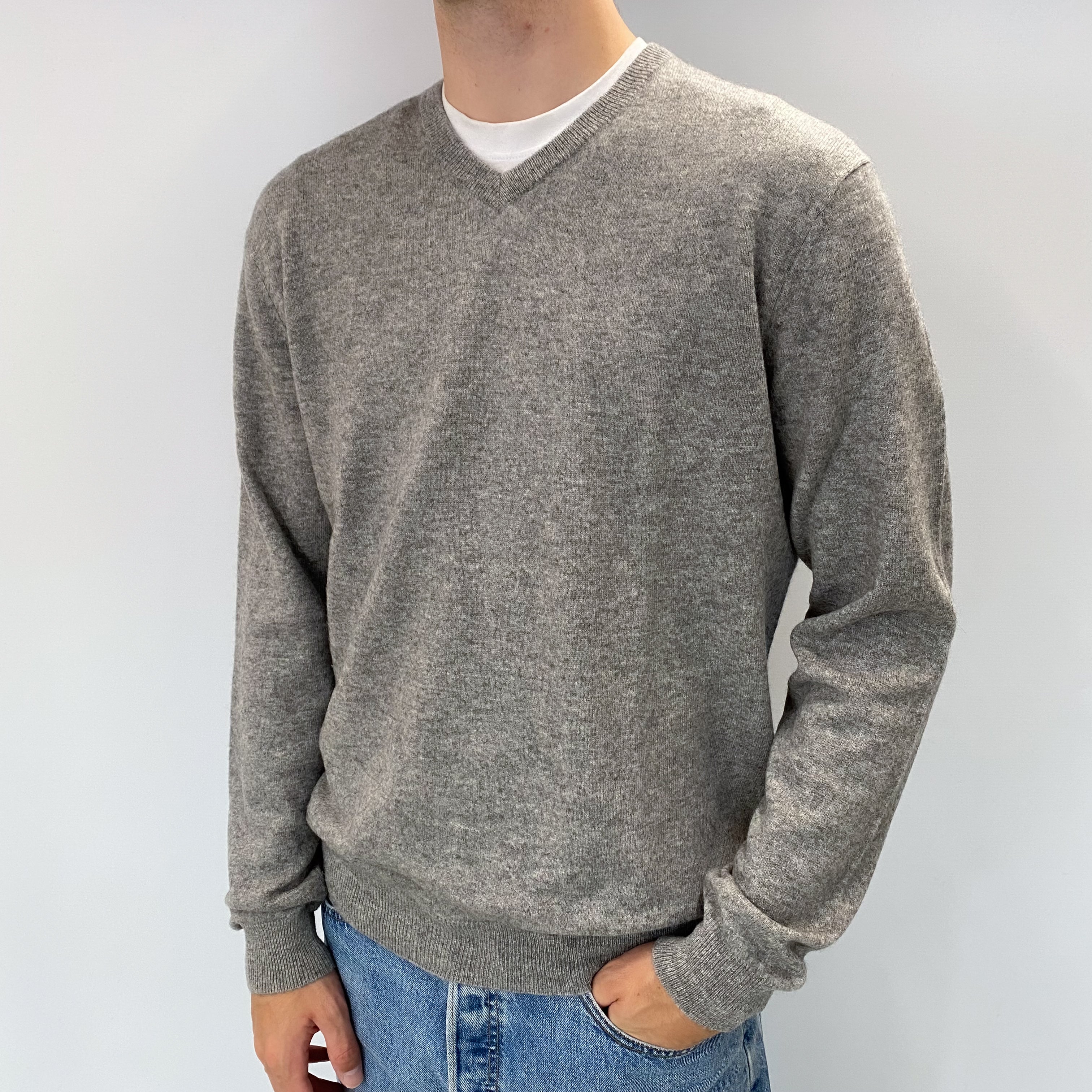 Men's Smoke GreyCashmere V Neck Jumper Large