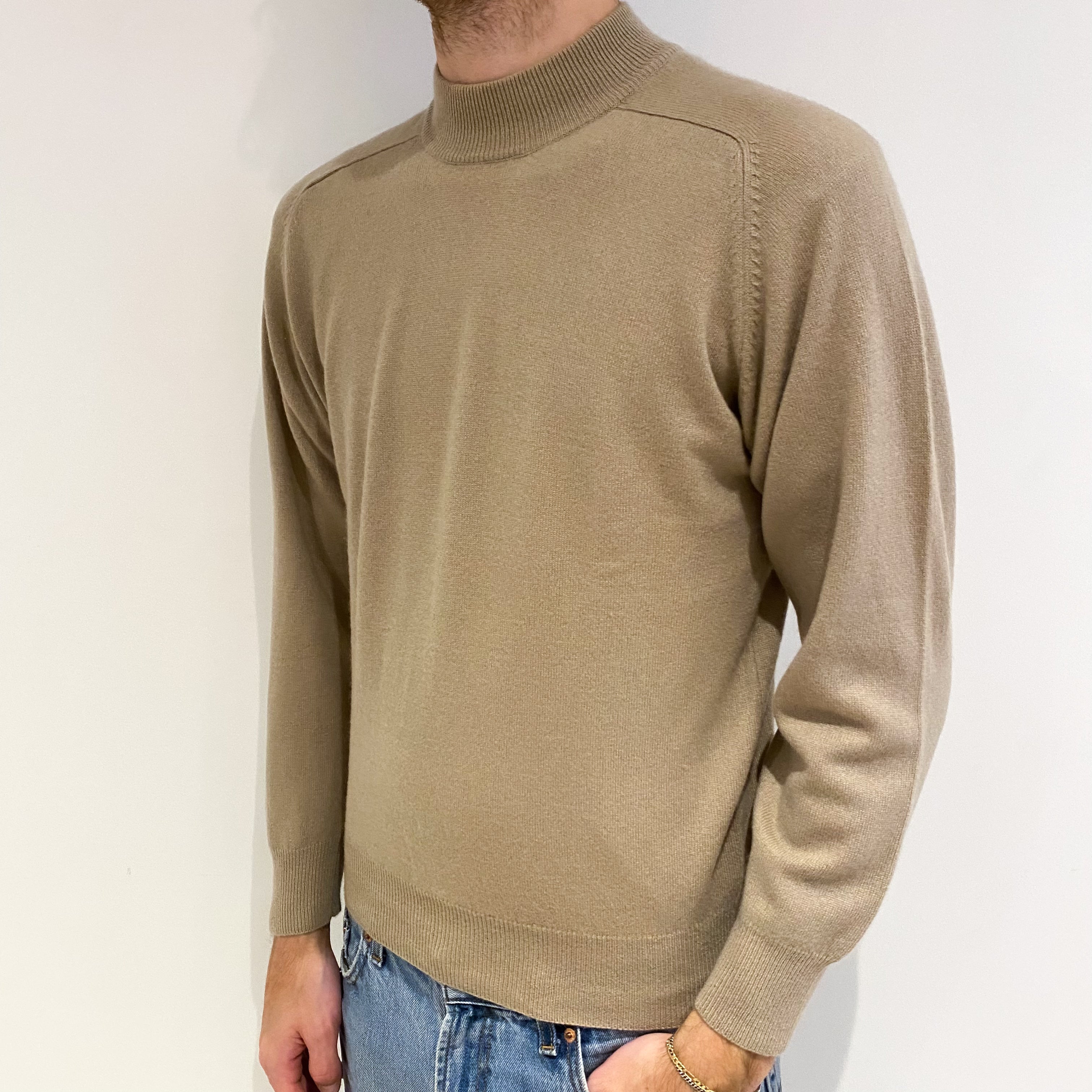 Men's Buff Beige Cashmere Turtle Neck Jumper Medium