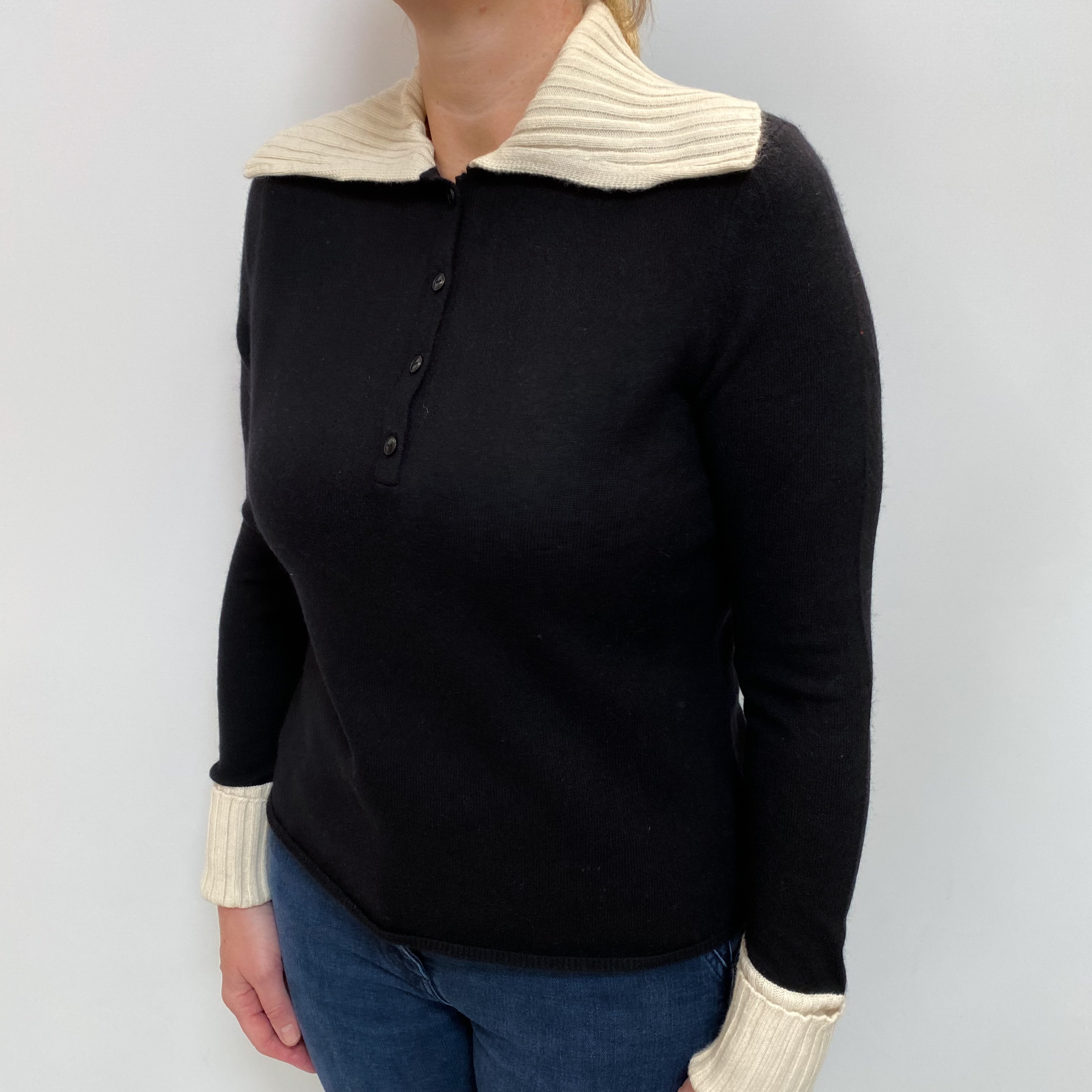 Black and Cream Cashmere Buttoned Jumper with Collar Large