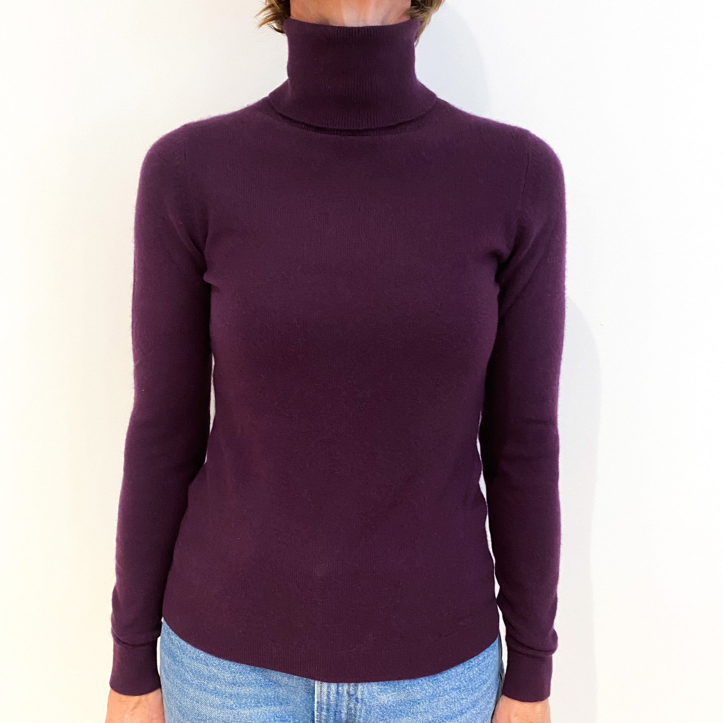 Aubergine Purple Cashmere Polo Neck Jumper Small