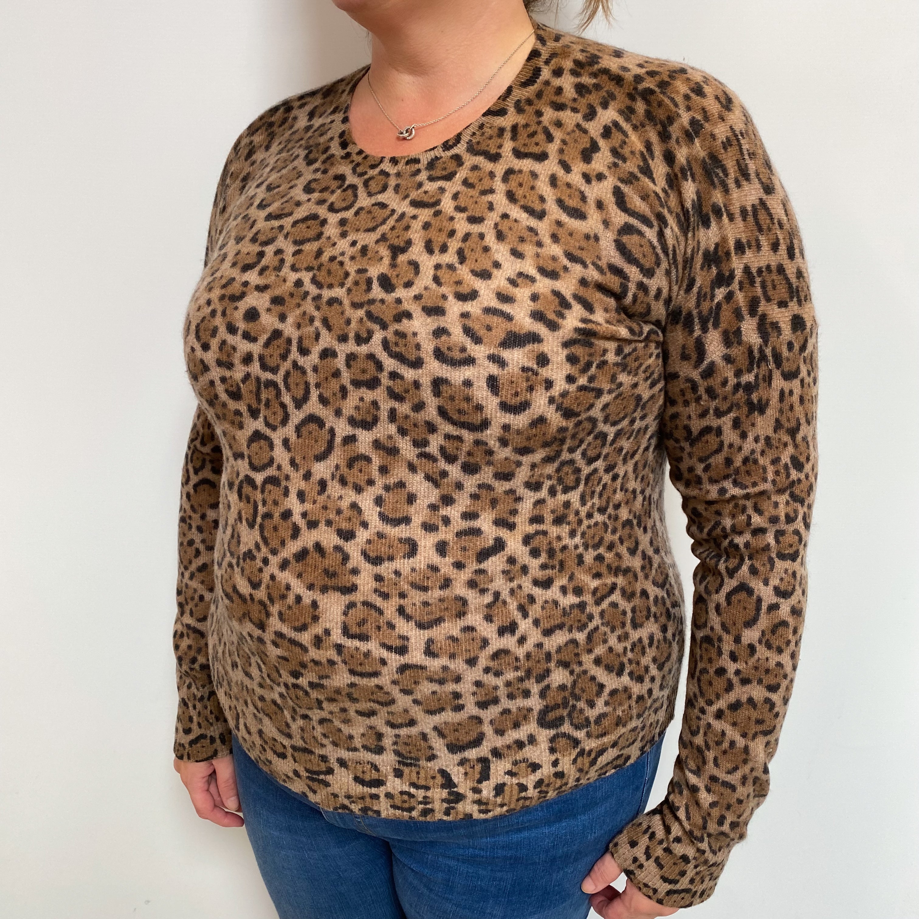 Brown Animal Print Cashmere Crew Neck Jumper Extra Large
