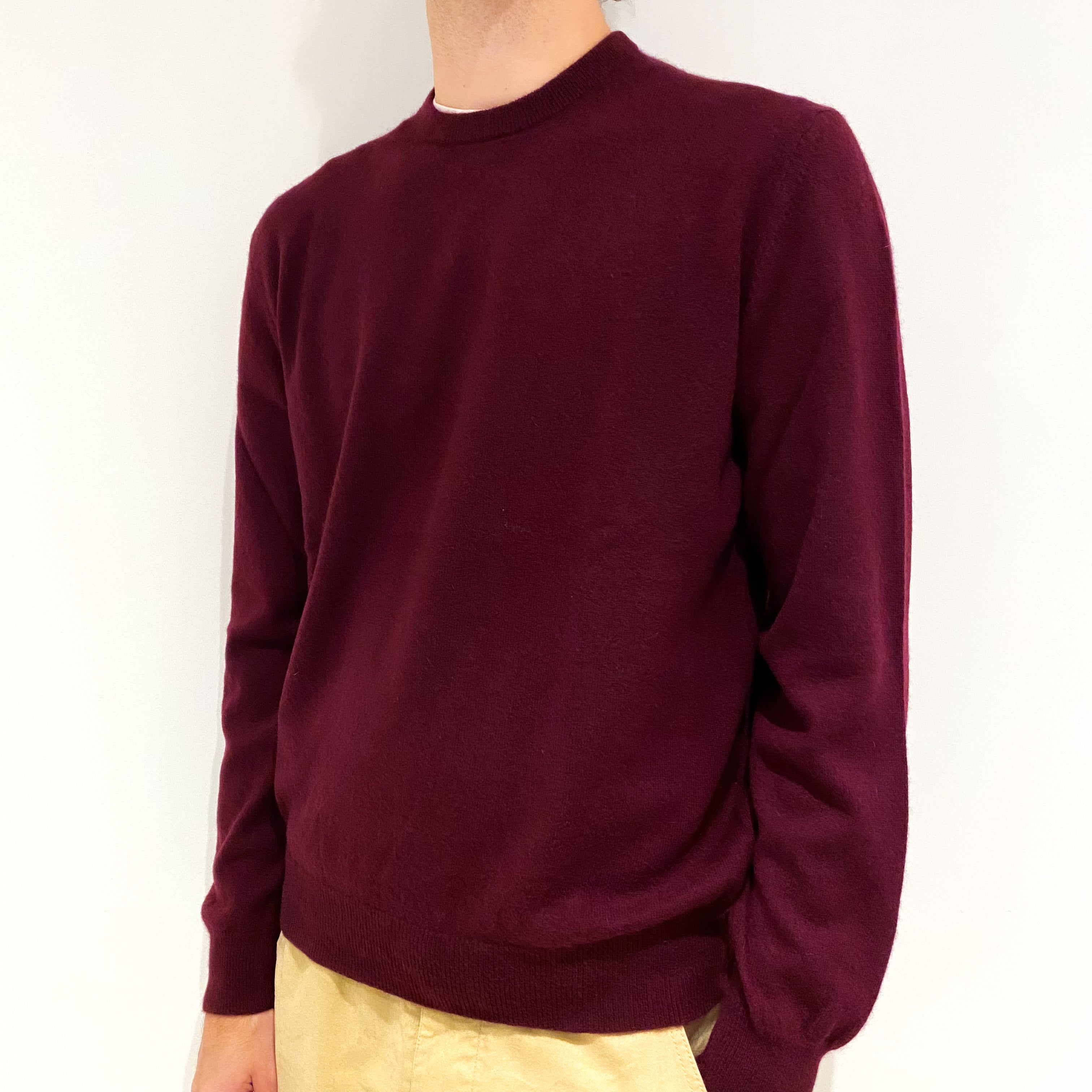 Men's Burgundy Red Cashmere Crew Neck Jumper Large