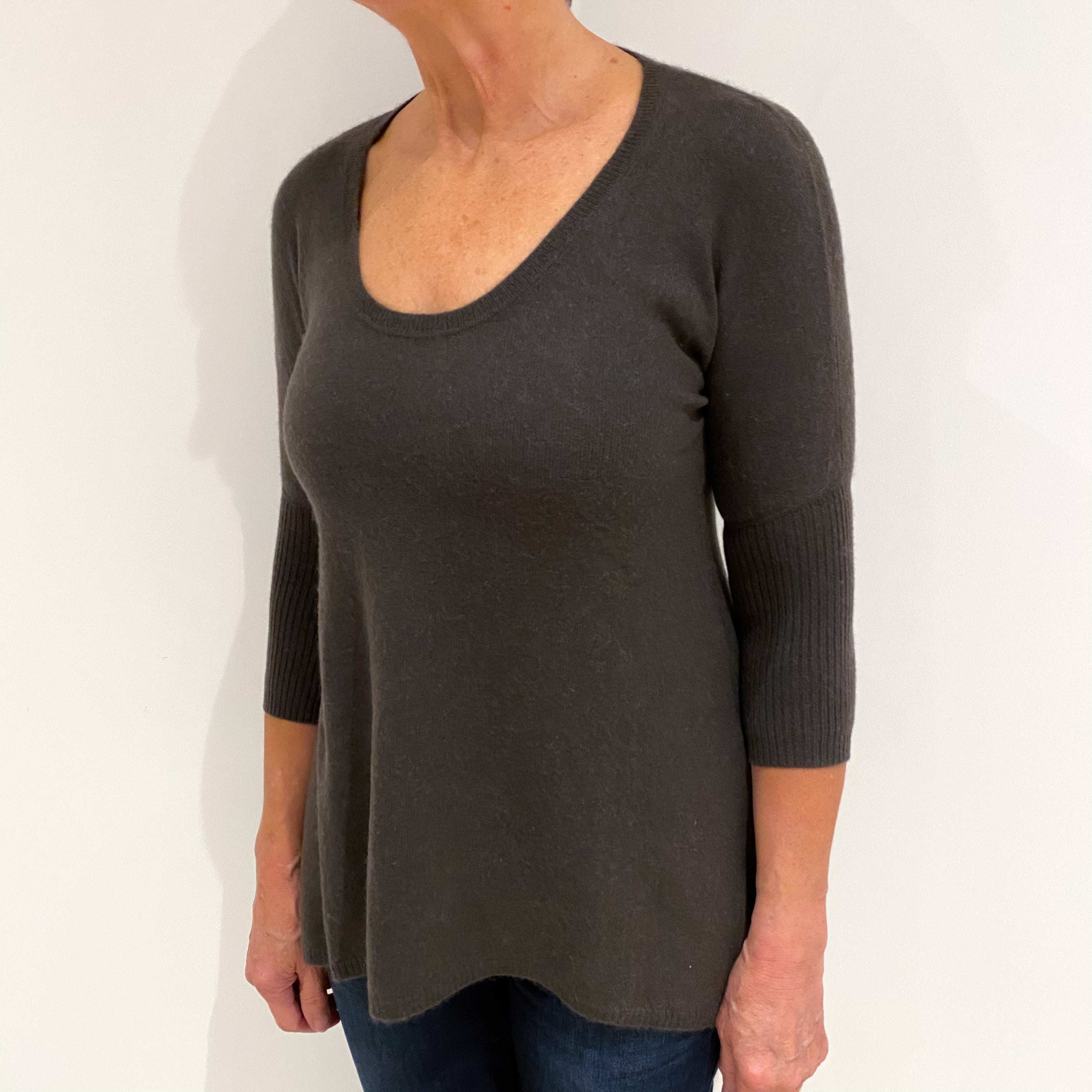 Mole Brown 3/4 Sleeve Cashmere Scoop Neck Jumper Medium