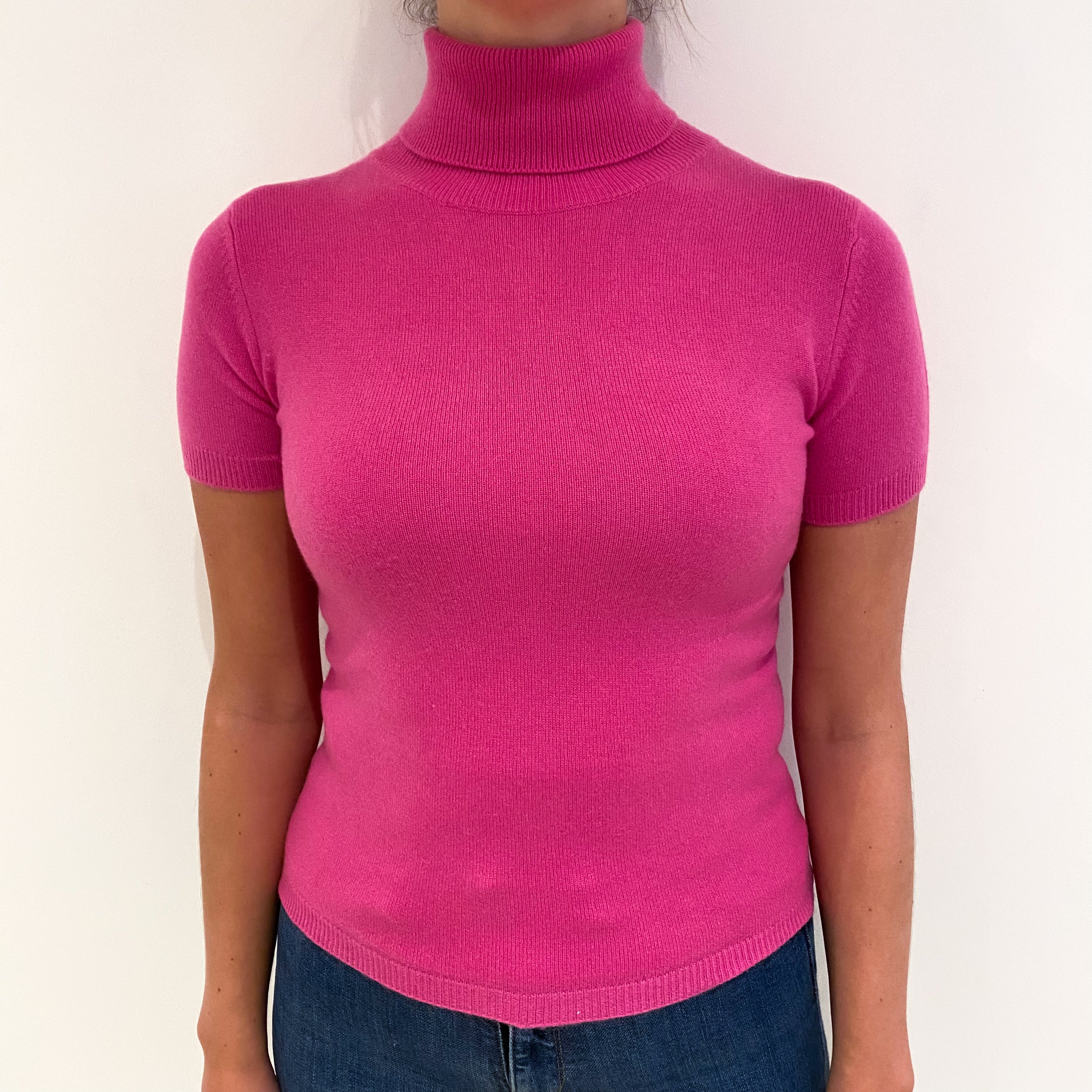 Fuchsia Pink Cashmere Polo Neck Short Sleeved Jumper Small