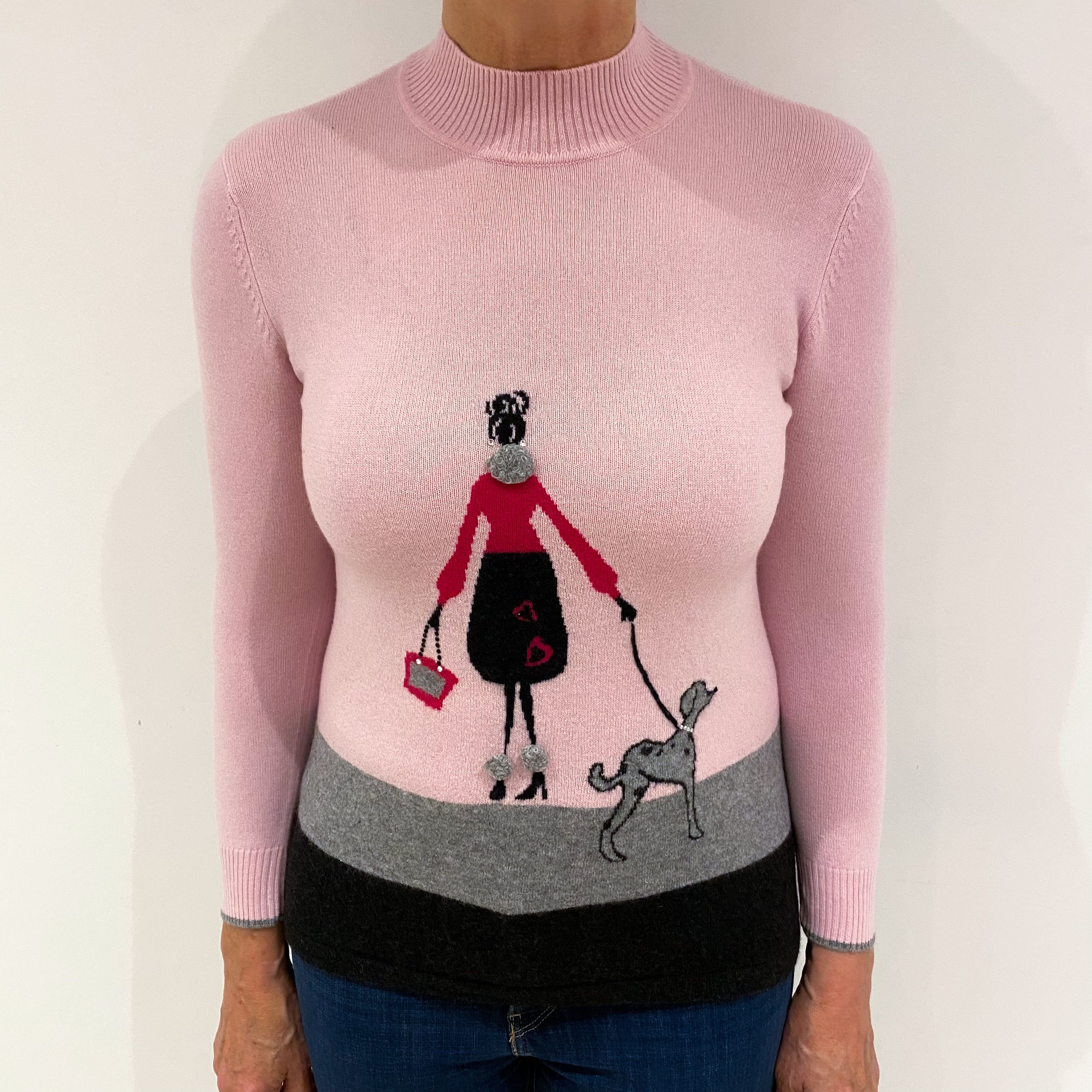 Pale Pink and Grey Trim Cashmere Turtle Neck Jumper Medium