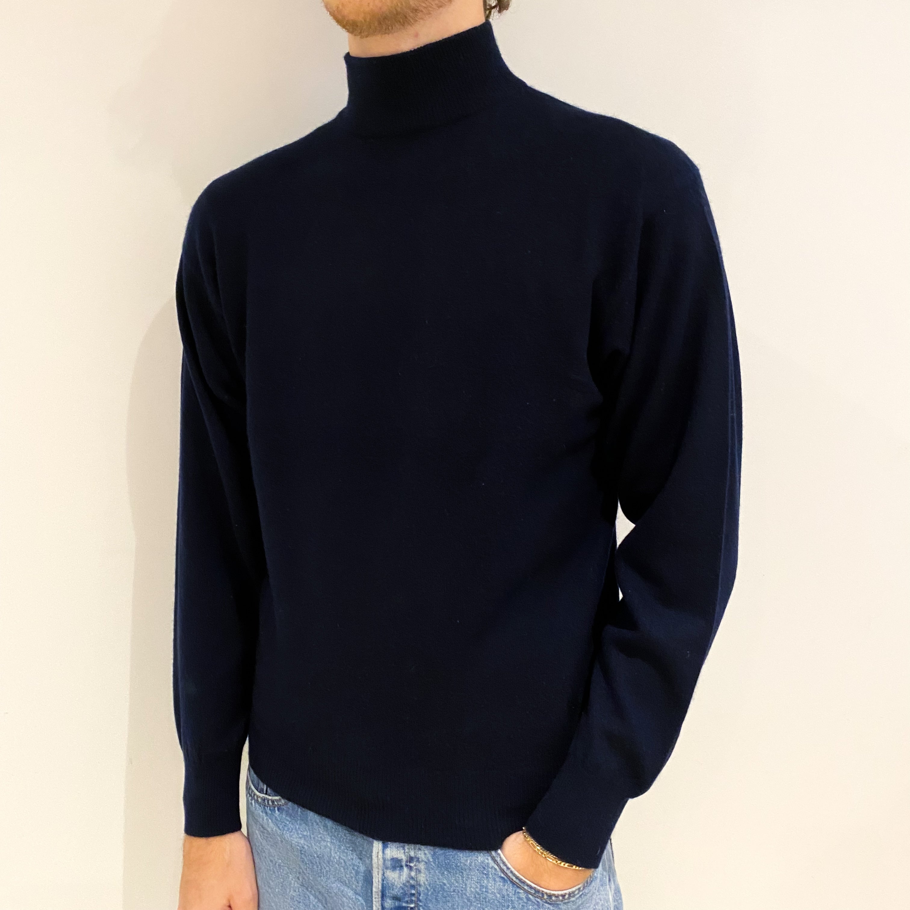 Men's Dark Navy Cashmere Turtle Neck Jumper Medium