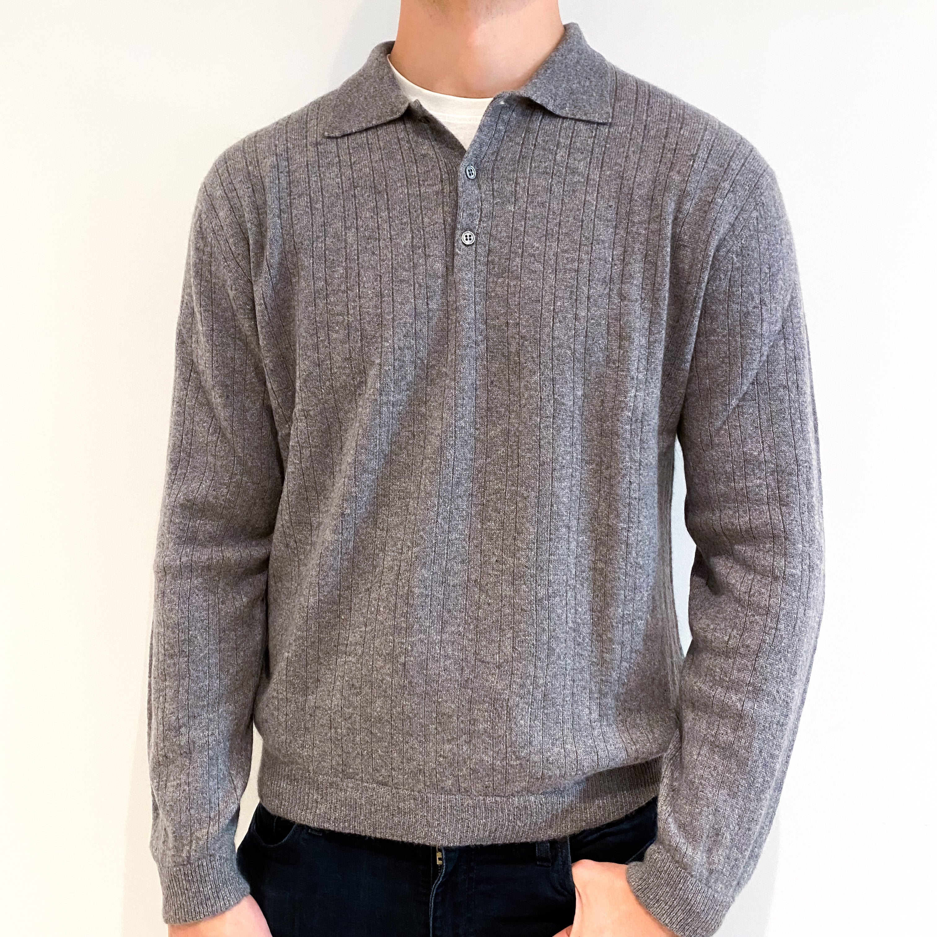 Men's Ash Grey Rib Cashmere 1/4 Button Jumper Extra Large