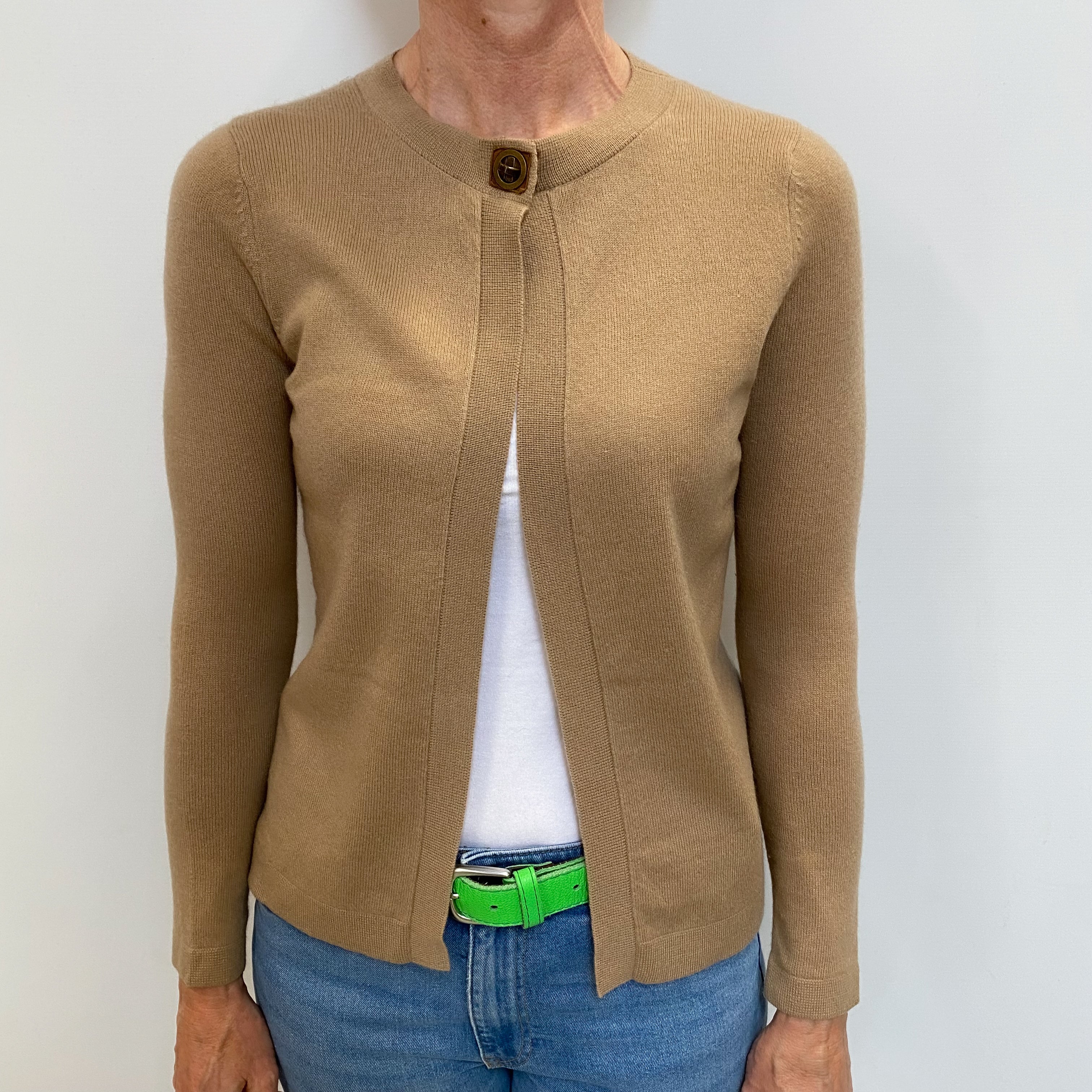 Camel Brown Cashmere Crew Neck Cardigan Small