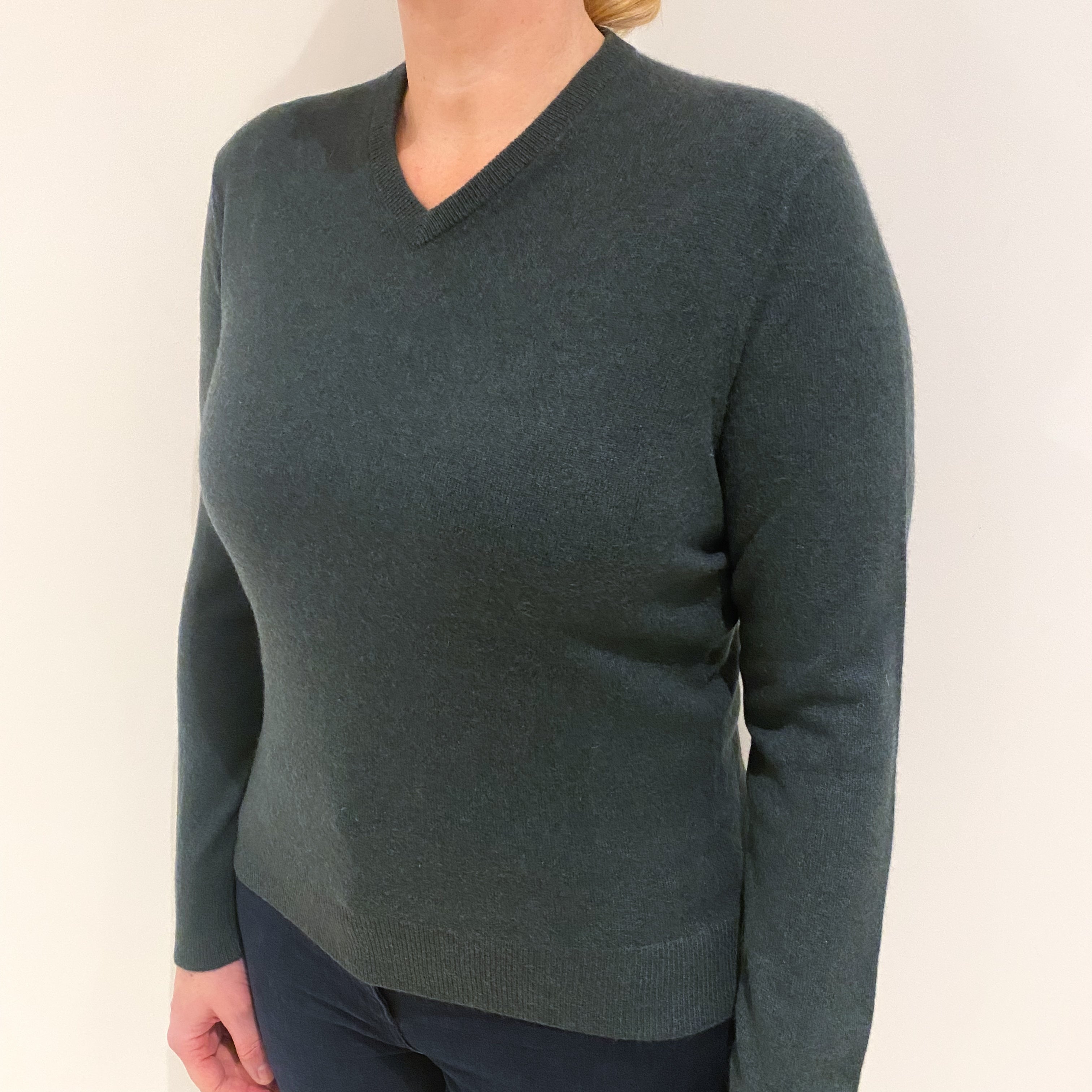 Spruce Green Cashmere V Neck Jumper Large