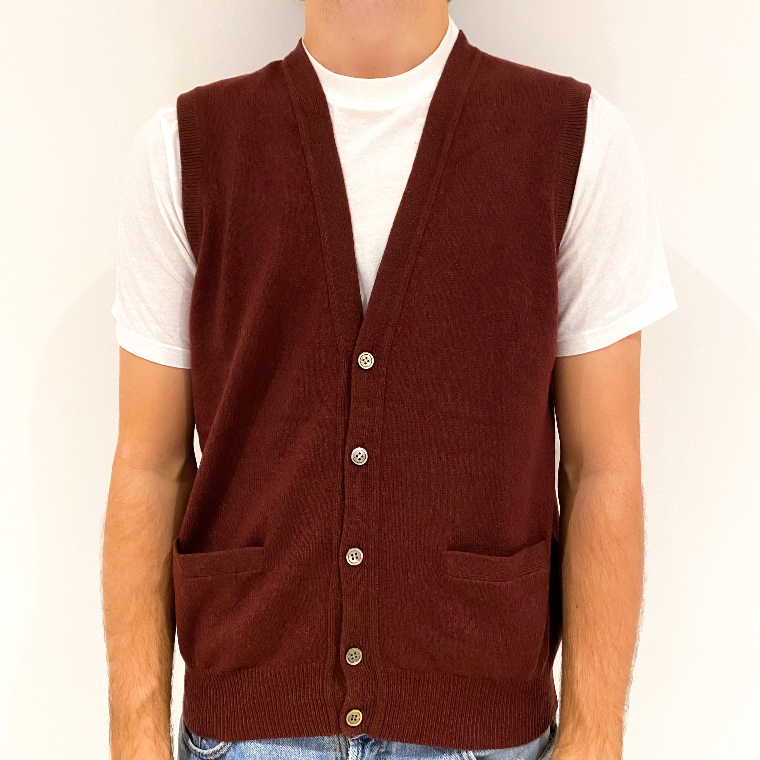 Men's Wine Red Marl Cashmere V-Neck Waistcoat Large