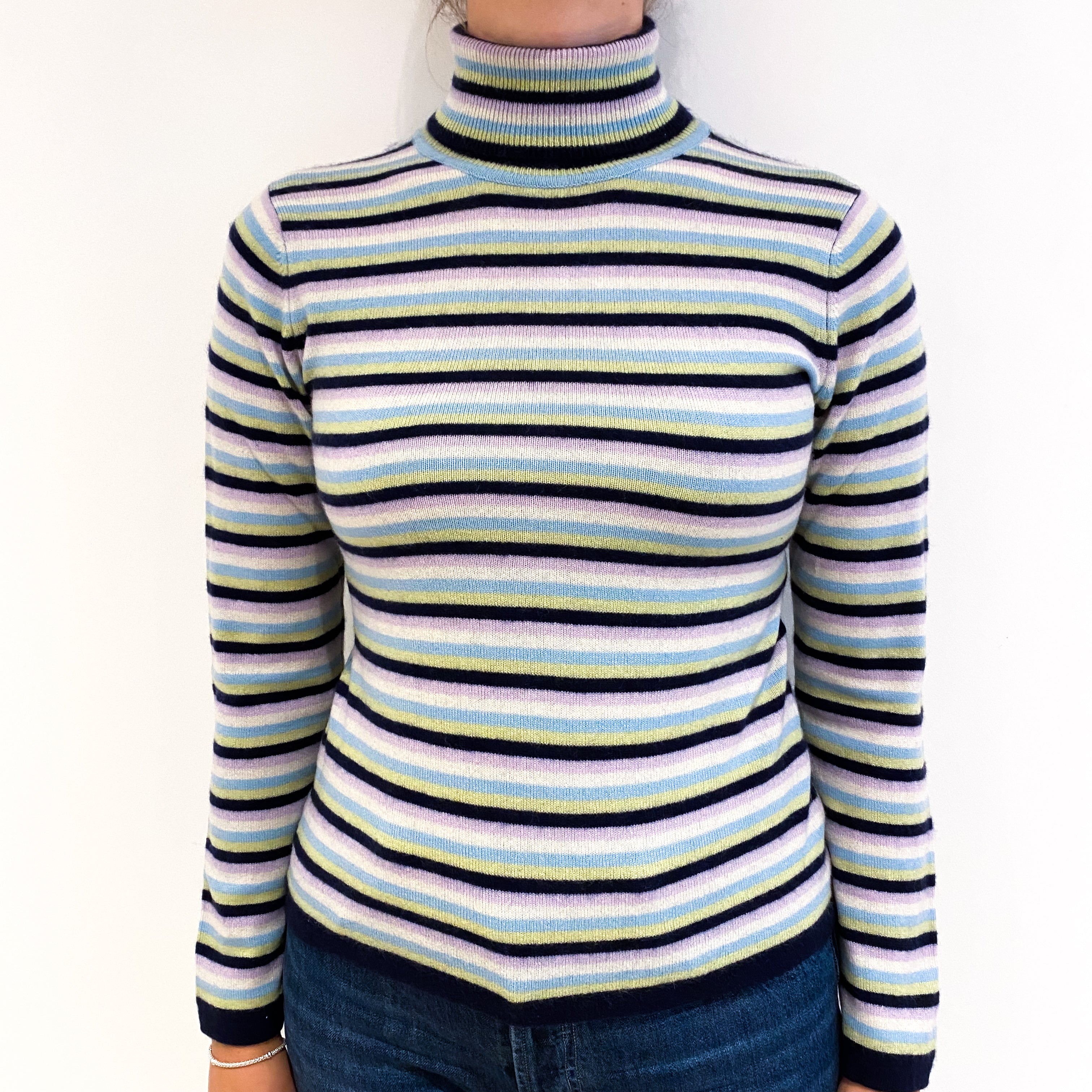 Navy Colourful Stripe Cashmere Polo Neck Jumper Small
