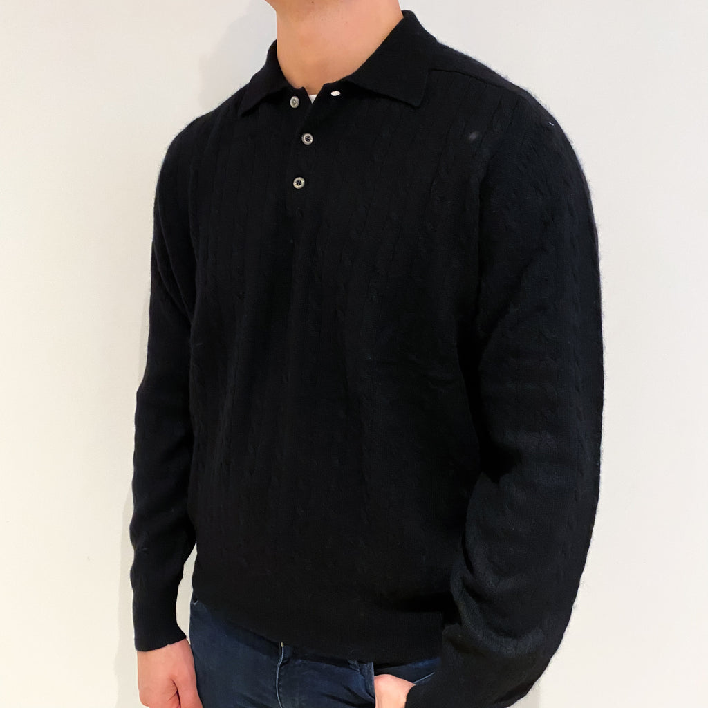 Men's Black Cashmere Collared V Neck Jumper XL