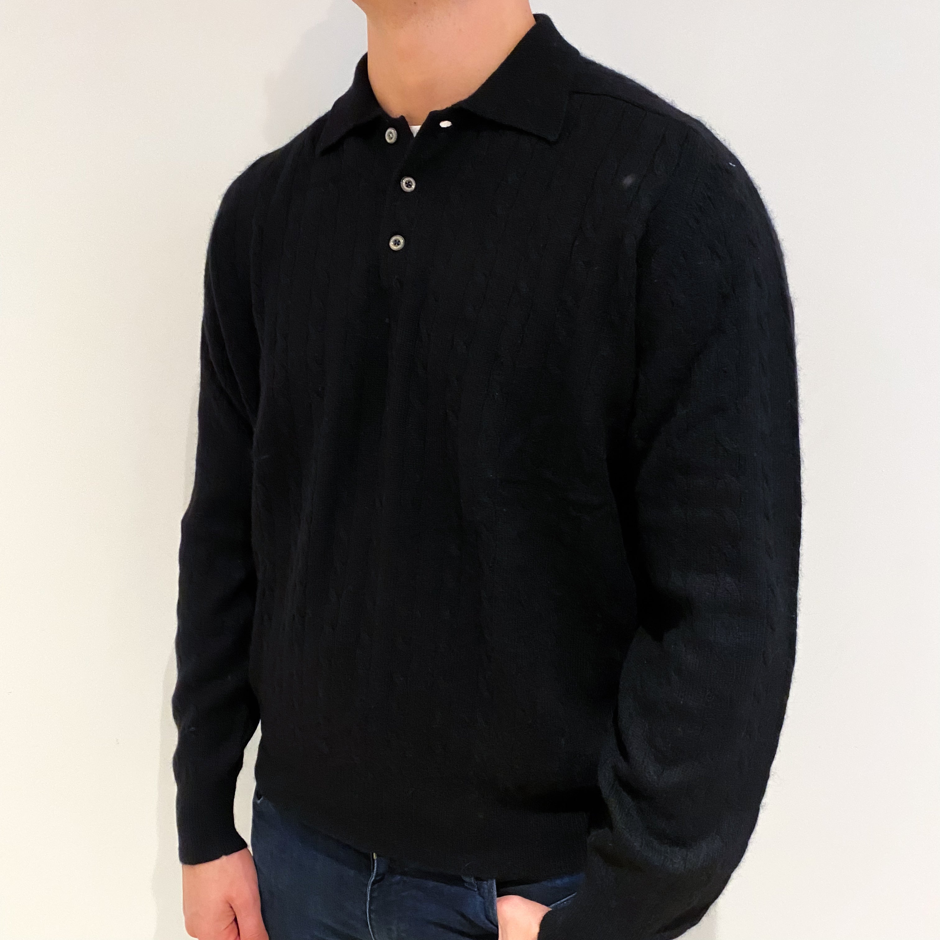 Men's Black Cashmere Collared V Neck Jumper XL
