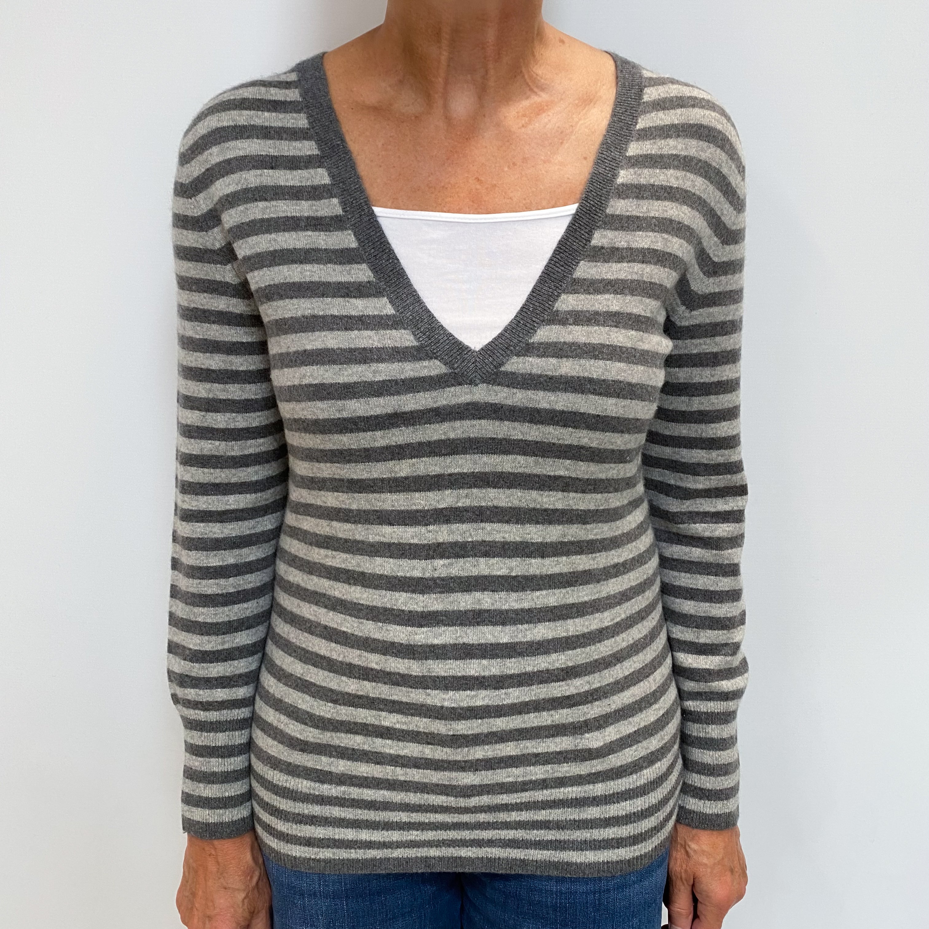 Grey Striped Cashmere V Neck Jumper Medium