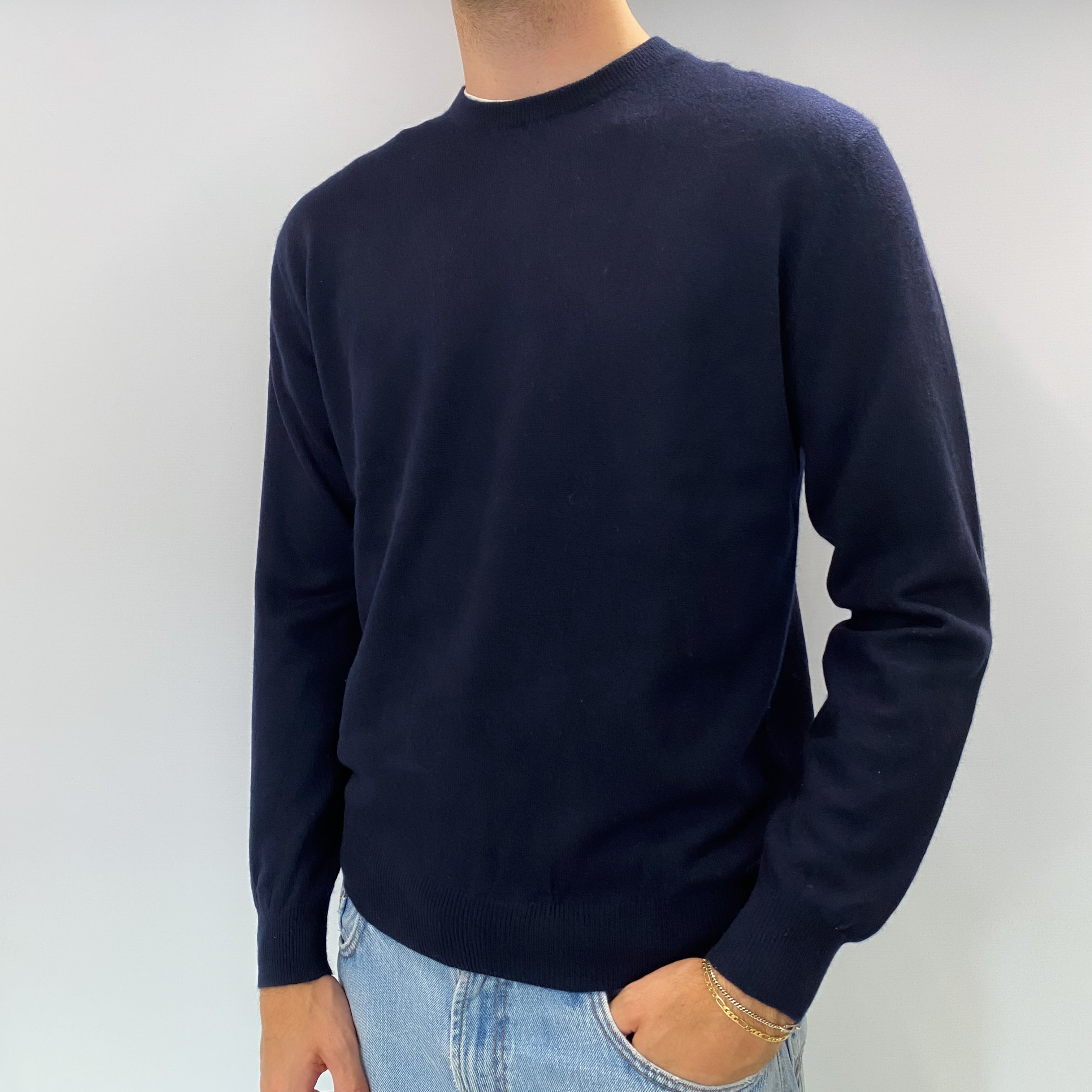 Men's Navy Blue Cashmere Crew Neck Jumper Medium