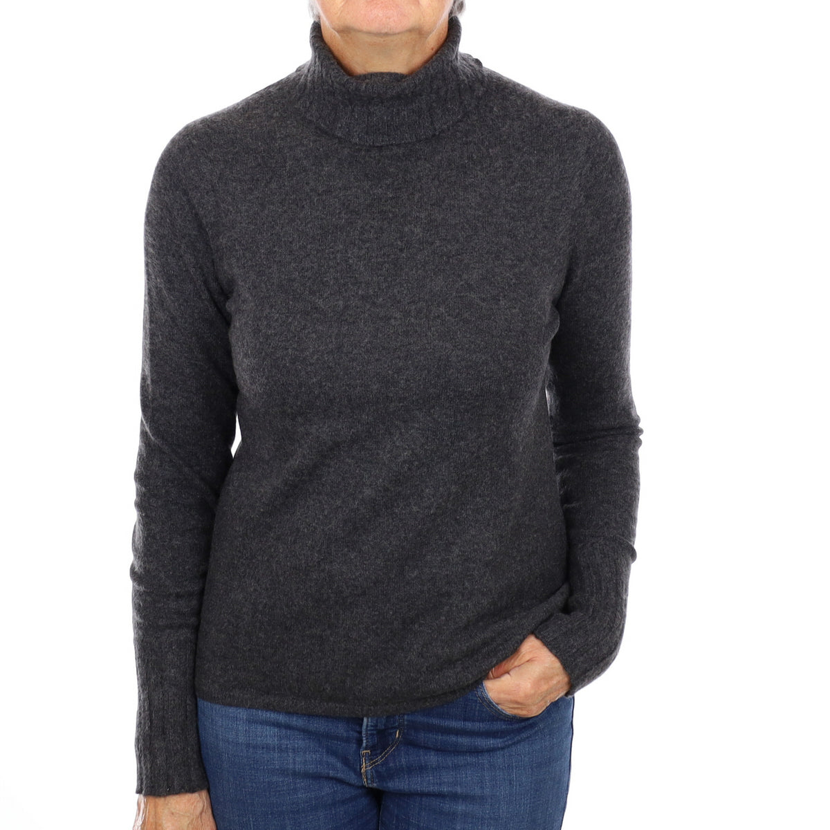 Charcoal Grey Cashmere Polo Neck Jumper Medium