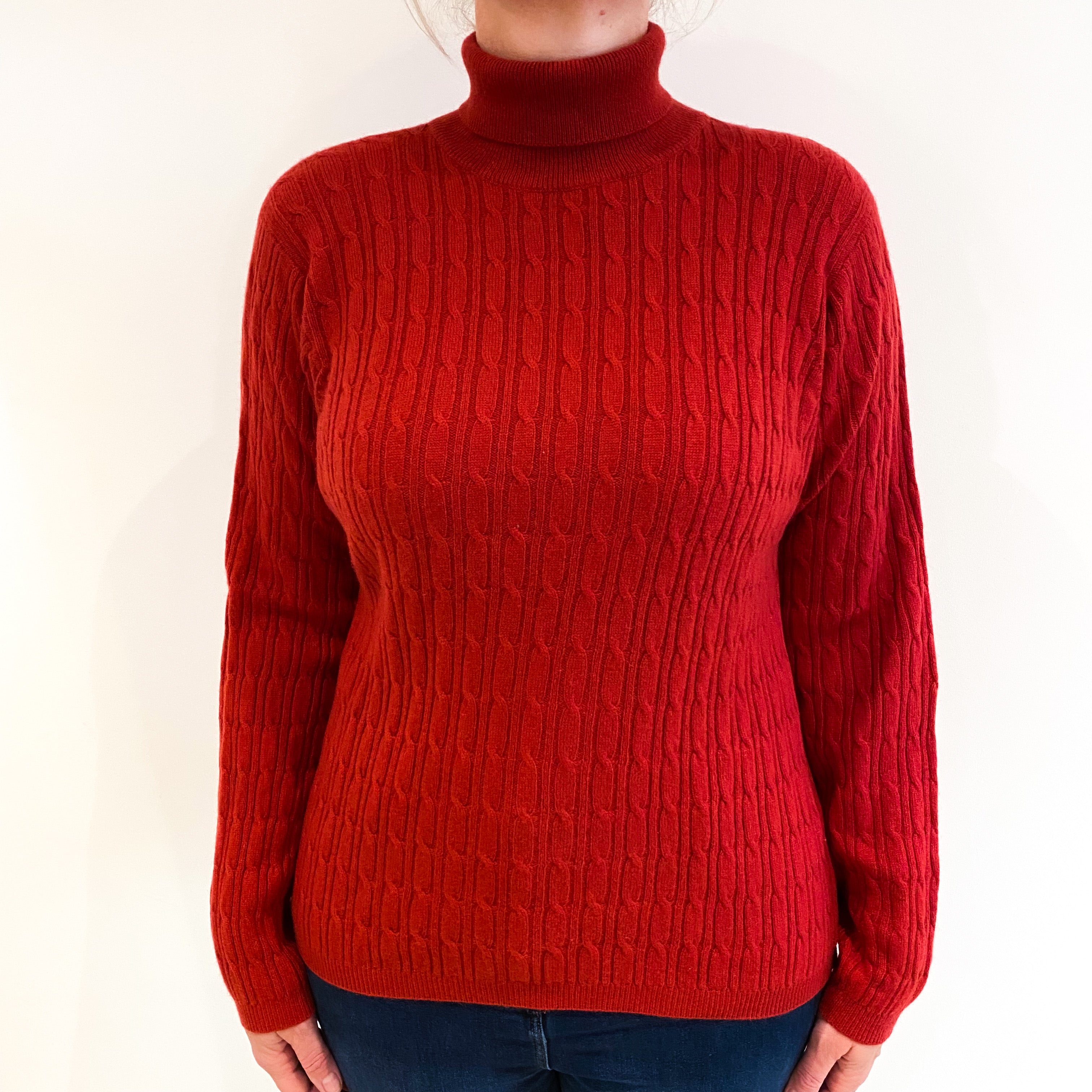 Scarlet Red Cable Knit Cashmere Polo Neck Jumper Large