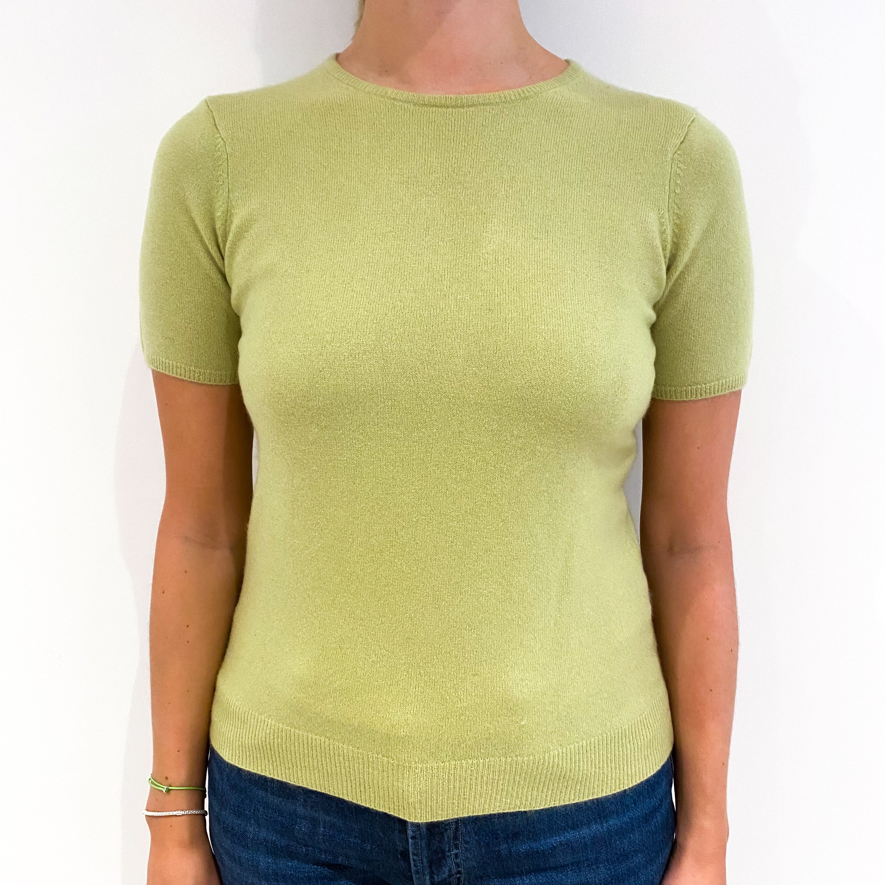 Pistachio Green Short Sleeved Cashmere Crew Neck Jumper Small