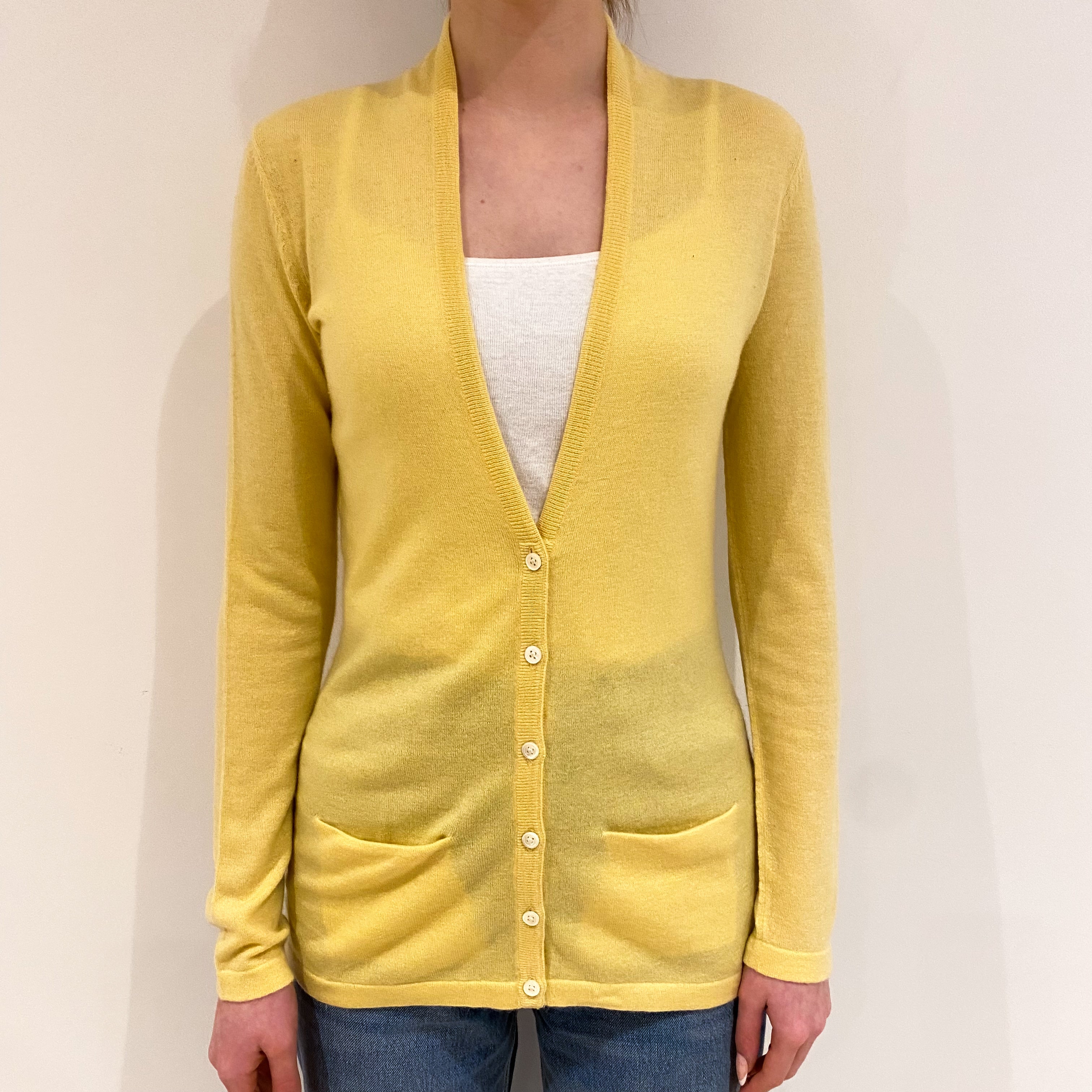 Primrose Yellow Cashmere V Neck Cardigan with Pockets Extra Small