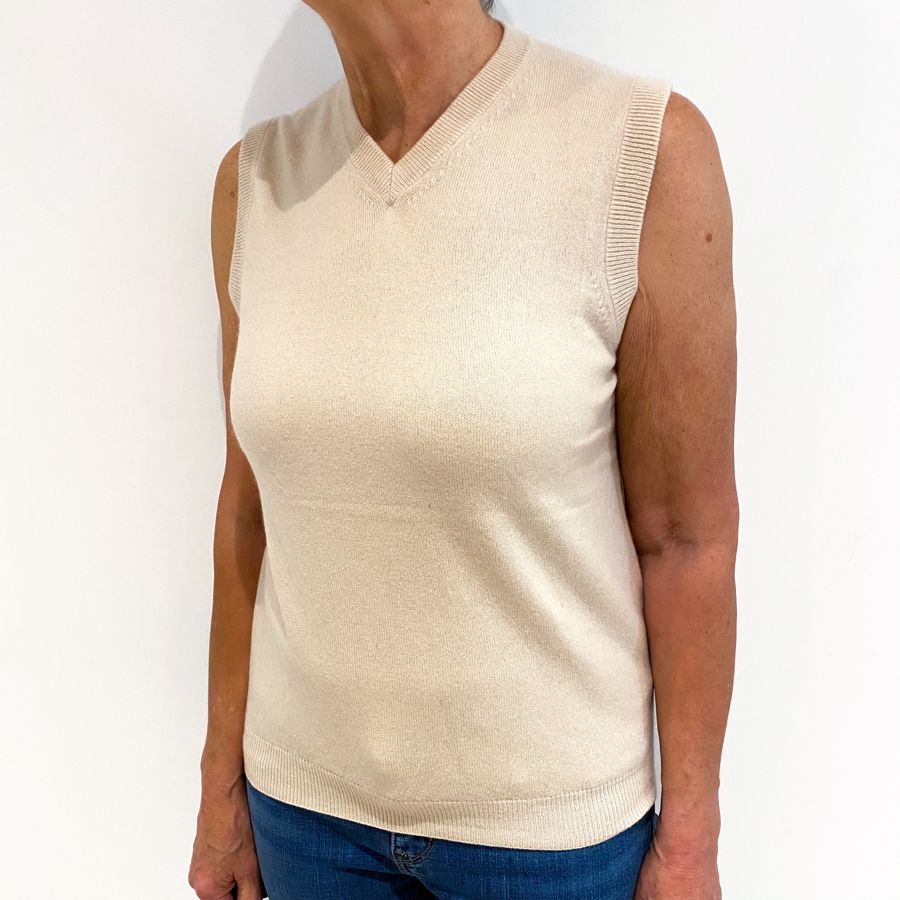 Soft Beige Cashmere V Neck Tank Top Medium