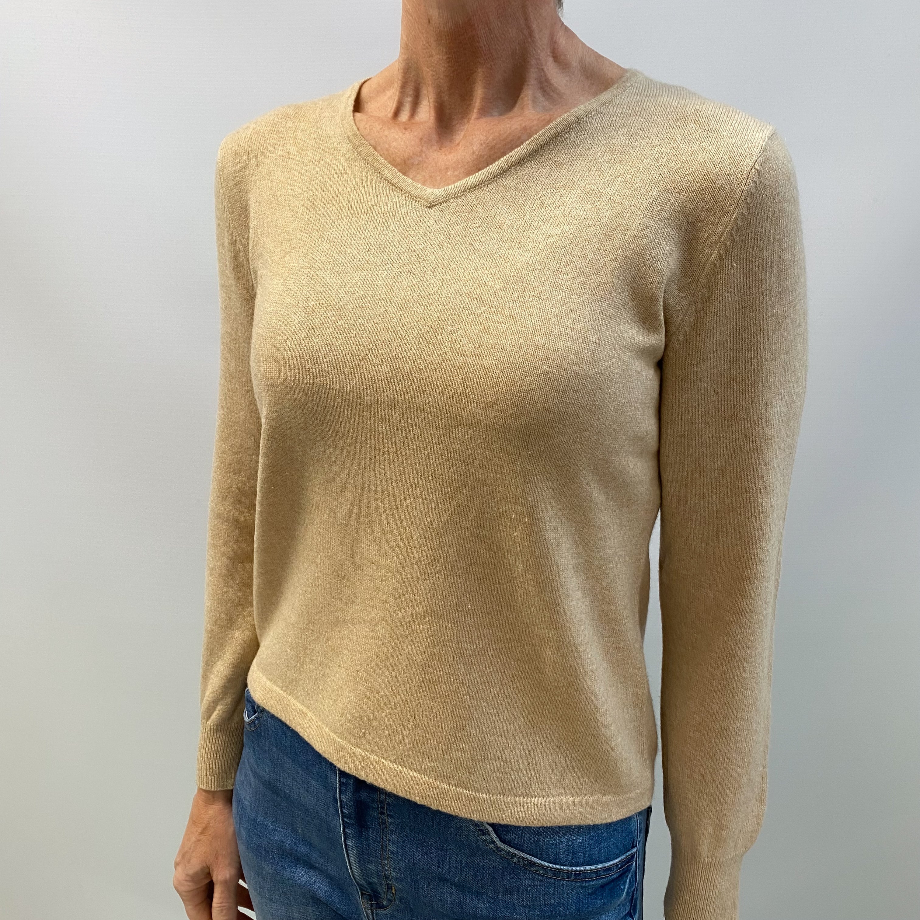 Buff Beige Cashmere V Neck Jumper Small