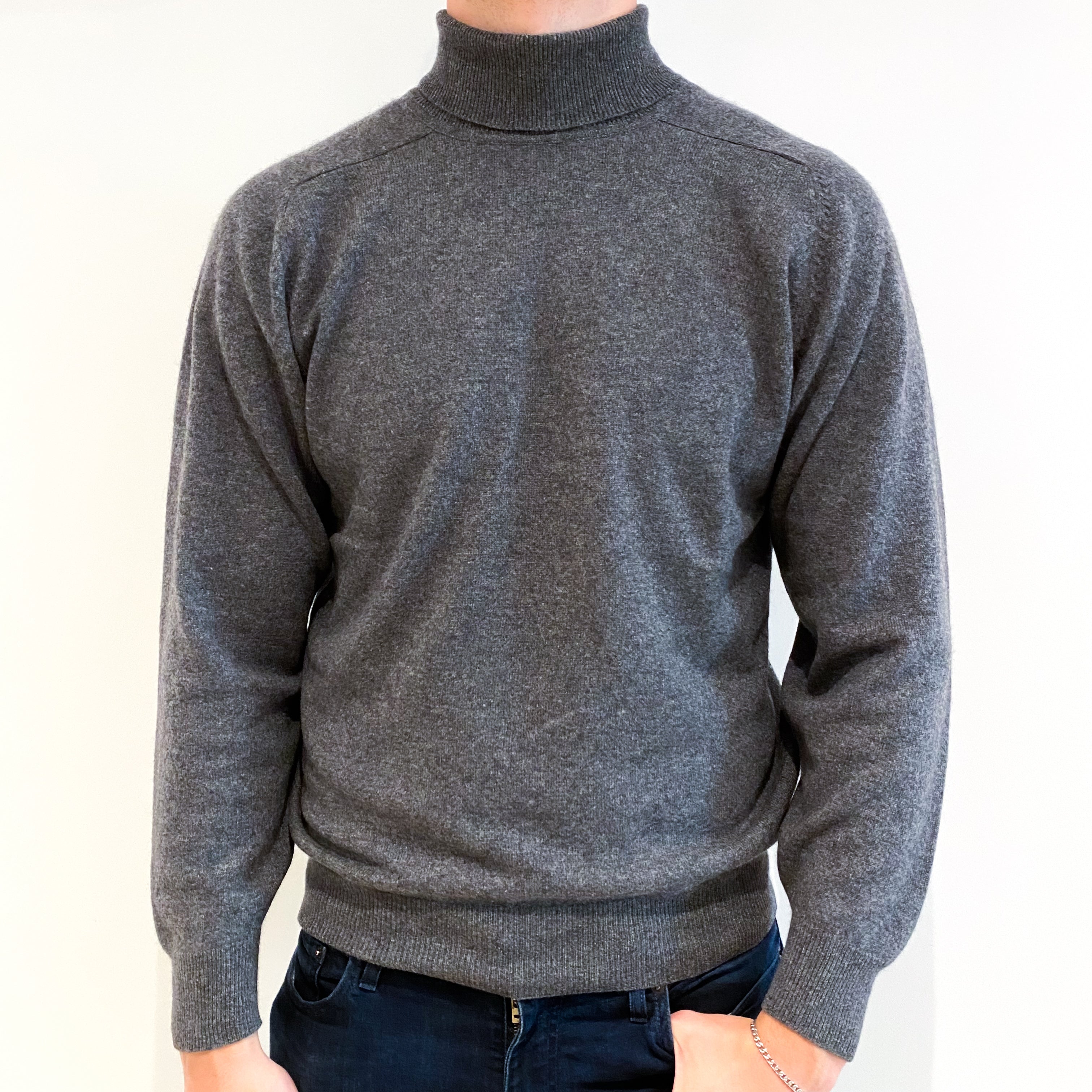 Men's Slate Grey Cashmere Polo Neck Jumper Extra Large