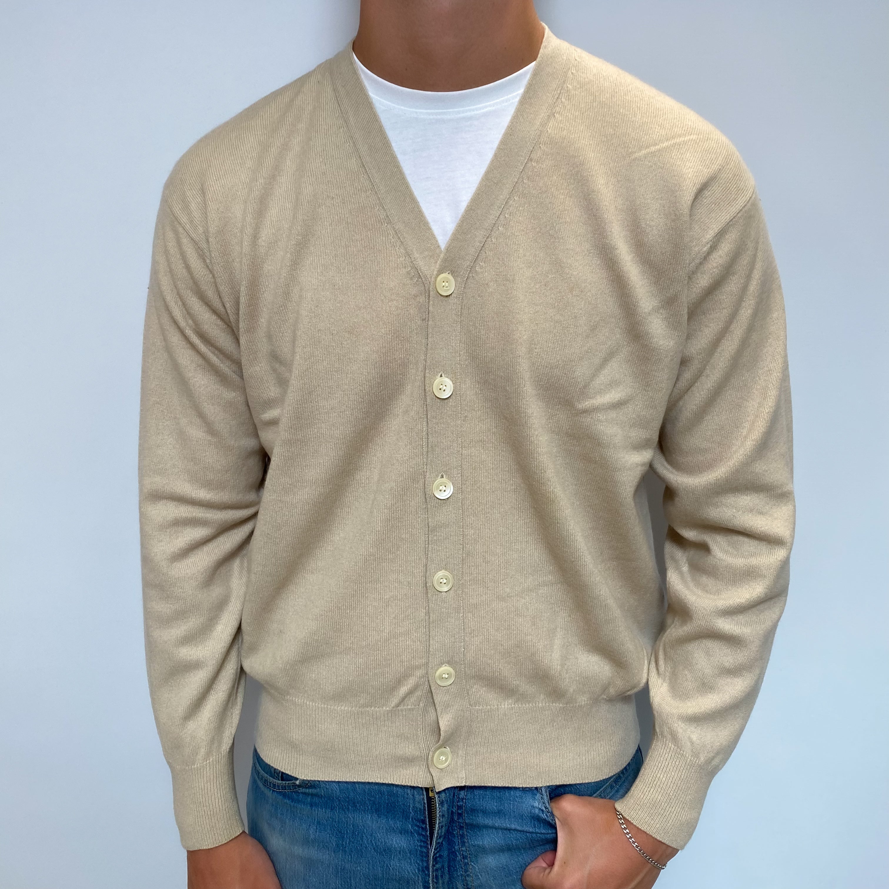 Men's Honey Beige Cashmere V Neck Cardigan XL