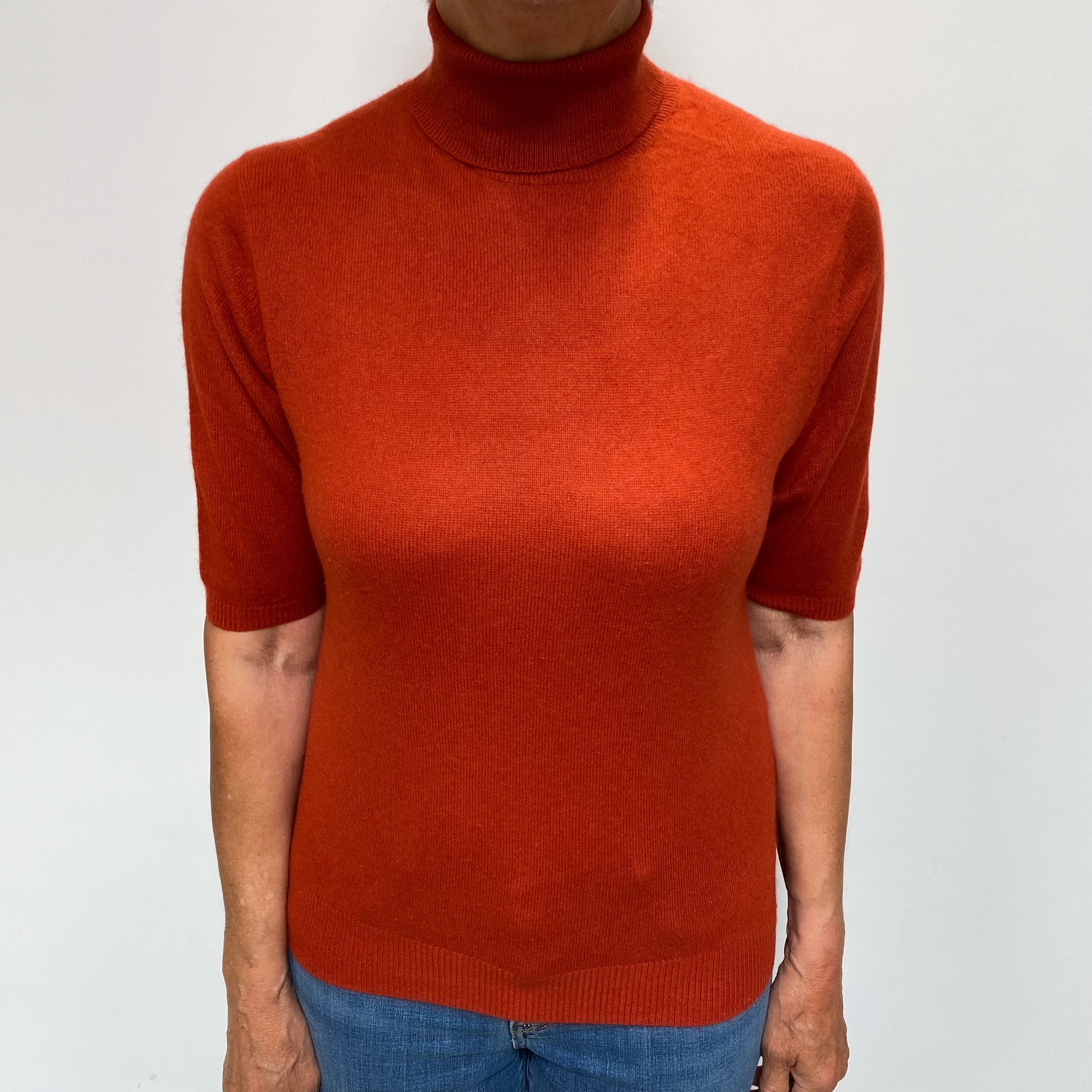 Rust Orange Cashmere Polo Neck Short Sleeved Jumper Medium